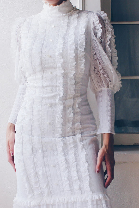 Vintage White Lace High Neck Victorian Midi Dress - Long Sleeve Coquette | American Gothic Prairie Wedding Dress