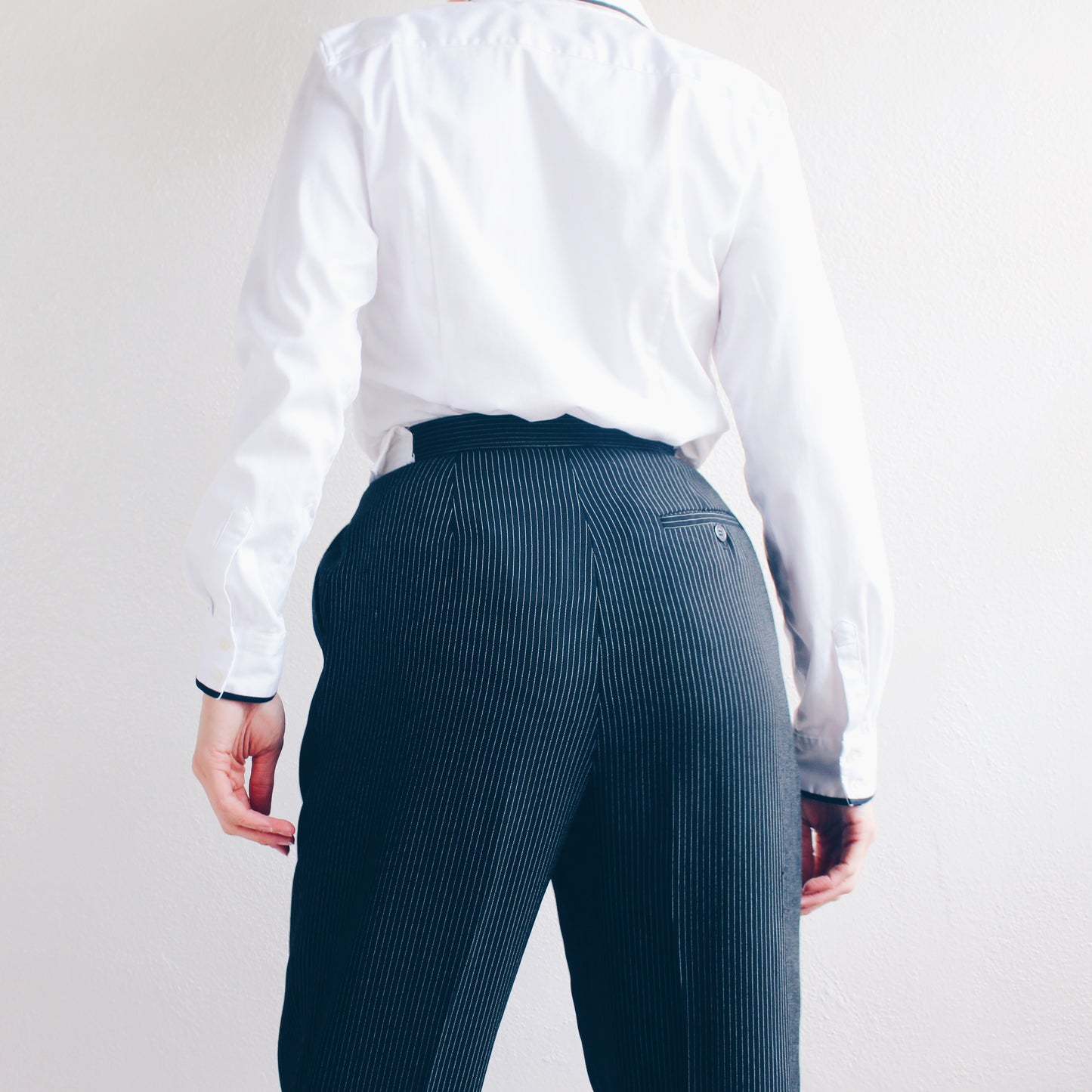 Academic Formal Chic: Vintage Black Pin Striped Collar Waist Pants/ Upcycled 90s Pleated Androgynous Slacks