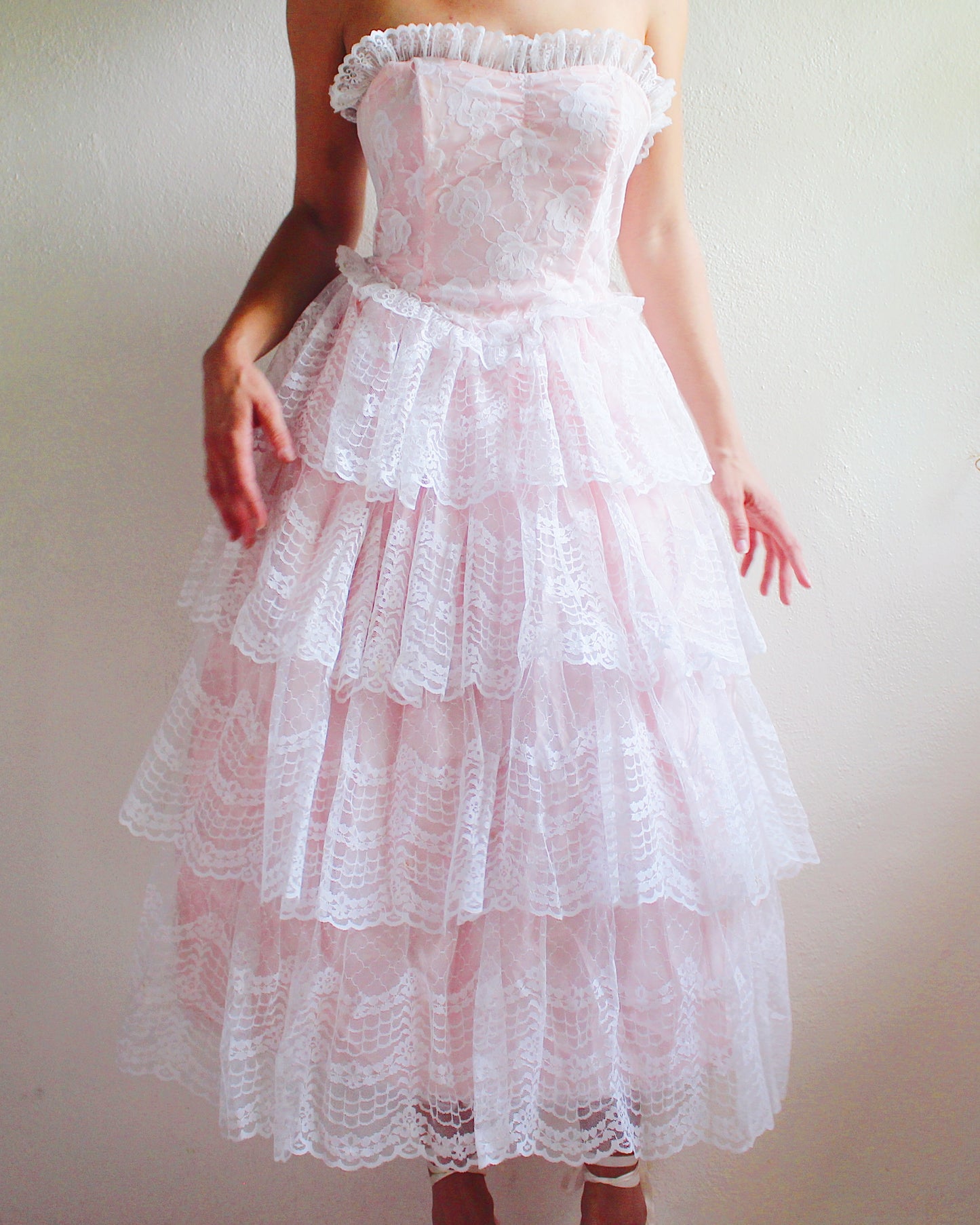1960s Vintage Pink Lace A-Line Gown - Floral Lace & Tiered Ruffled Skirt | Girly Coquette Retro Style | Priscilla-Inspired Formal Dress