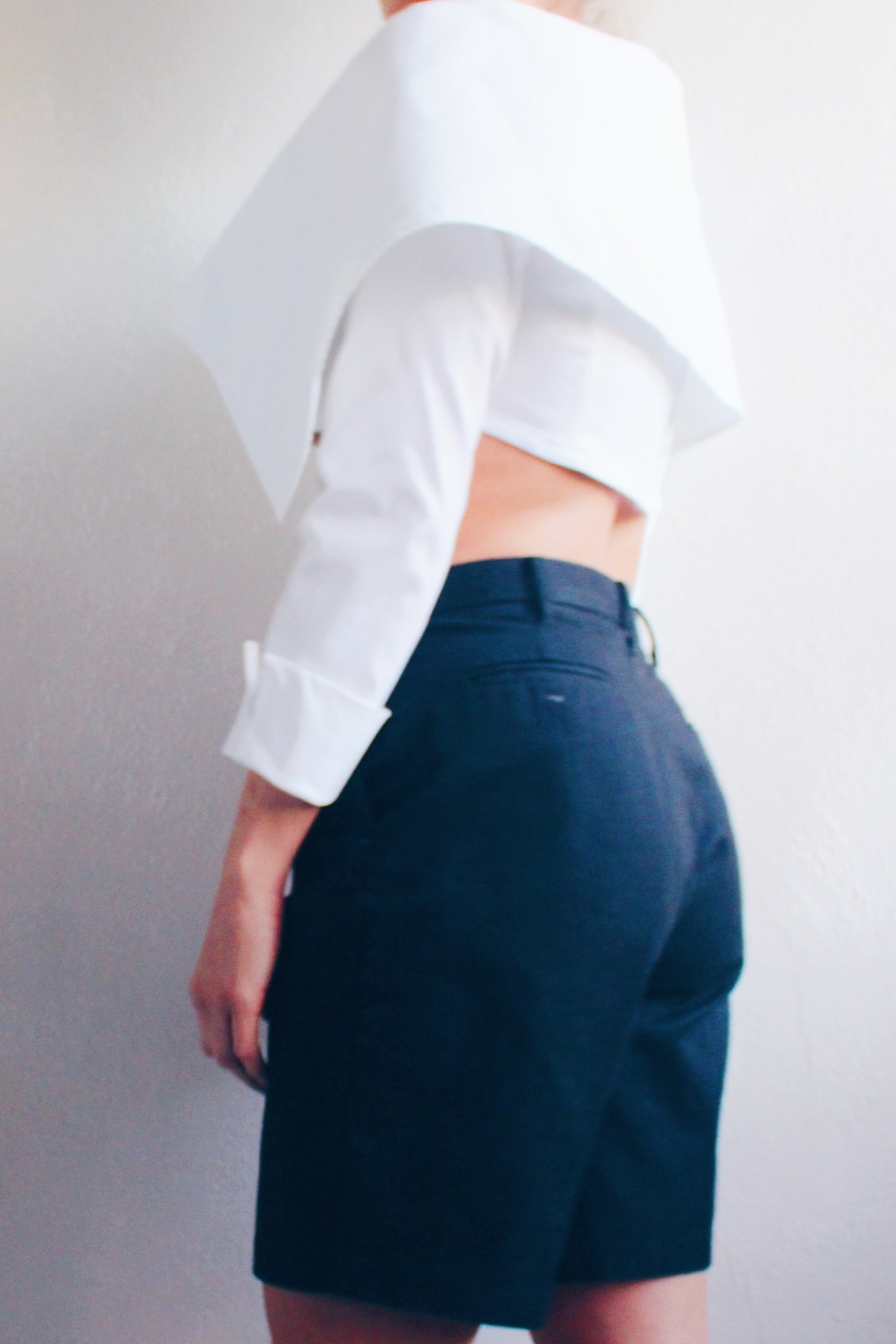 Androgynous Formal: Upcycled Black Pleated Shorts with Attached White Shirt Collar