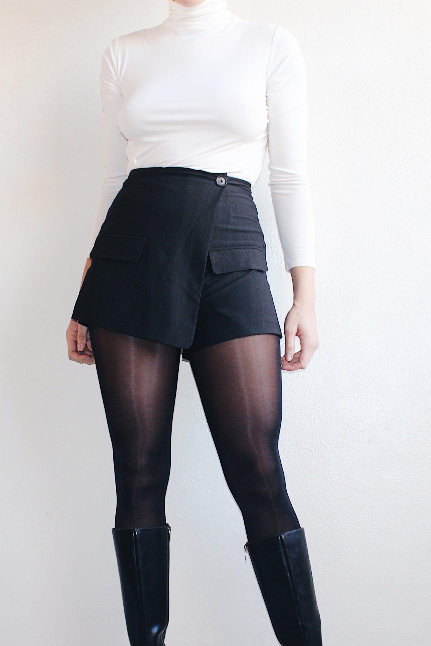 Upcycled Chic: Black Asymmetric Skort Transformed from Vintage Blazer - Sustainable Statement Piece