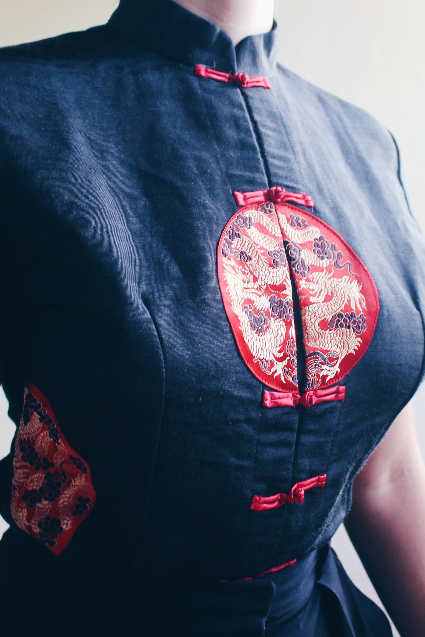 Black Chinese tunic / black red gold dragon shirt / linen silk cheongsam / 90s vintage top
