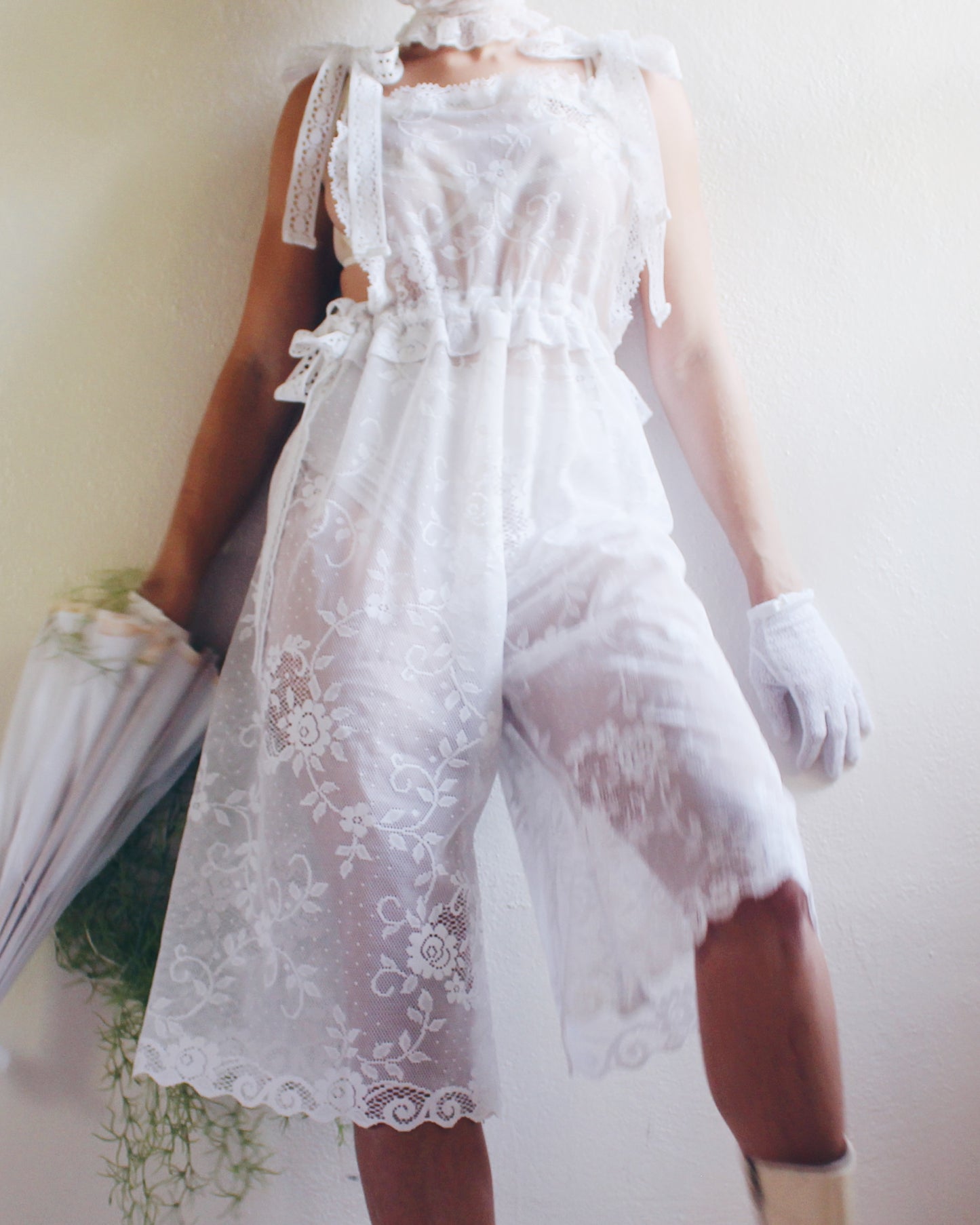 Upcycled Sheer Lace Overalls – Vintage White Curtain Reworked Dungarees | Whimsical Boho Summer Style