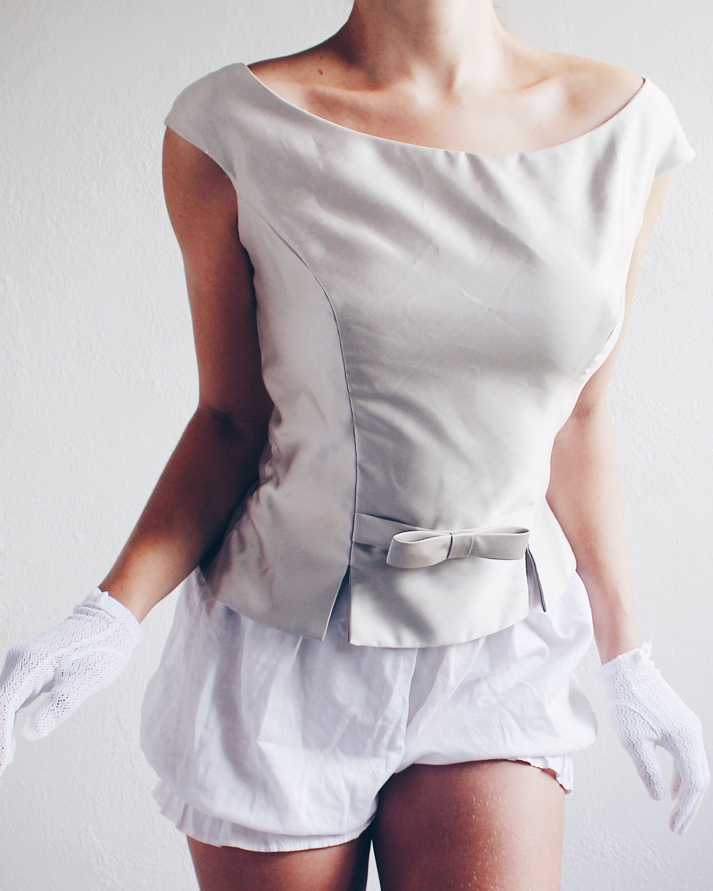 Formal Grey Sleeveless Top with Bow Waist - Coquette Corporate Office Siren Style | Back Button Tank