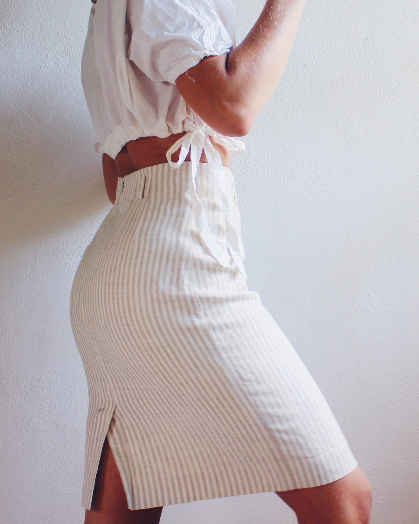 Beige Striped Linen Midi Skirt - Minimalist Pinstripe 90s Style | Perfect Summer and fall Skirt