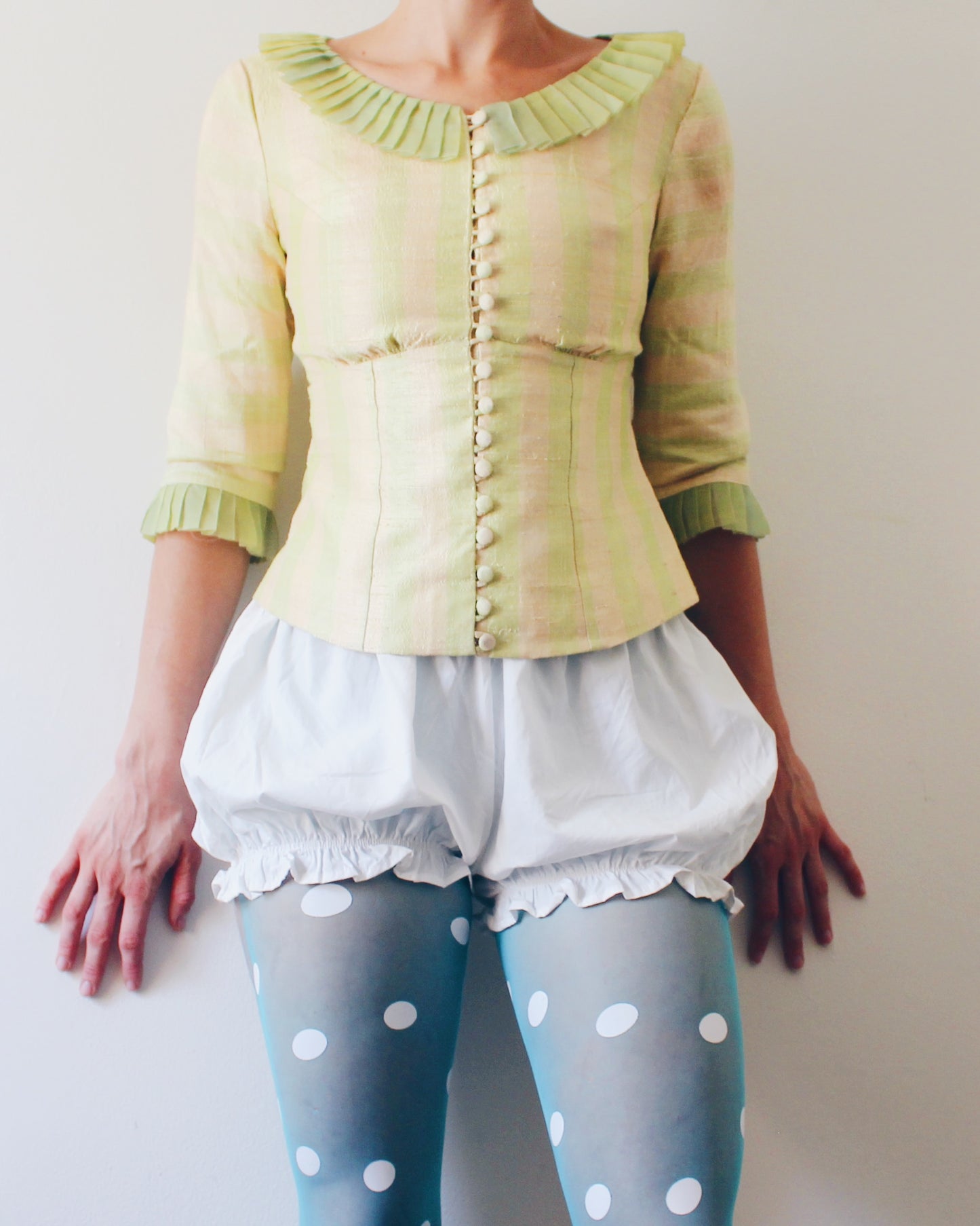 Handmade Green Striped Blouse Medium | Circuscore Empire Waist Pleated Ruffle Top | Whimsigoth Quirky Fairycore Button Up 3/4 Sleeve