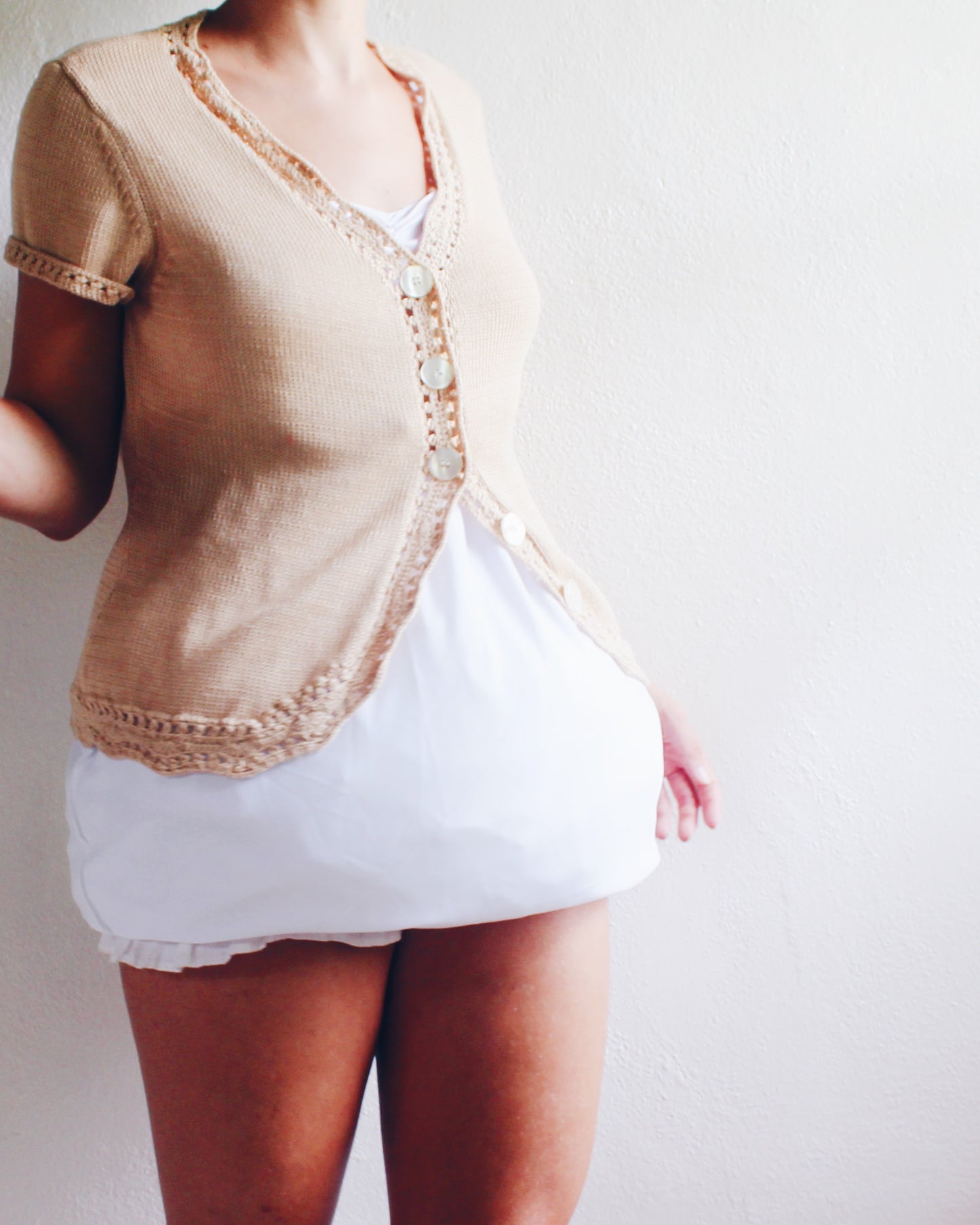 Vintage Short Sleeve Tan Knit Anne Klein Button Up Cardigan - Kawaii Coquette Style | Perfect for Layering