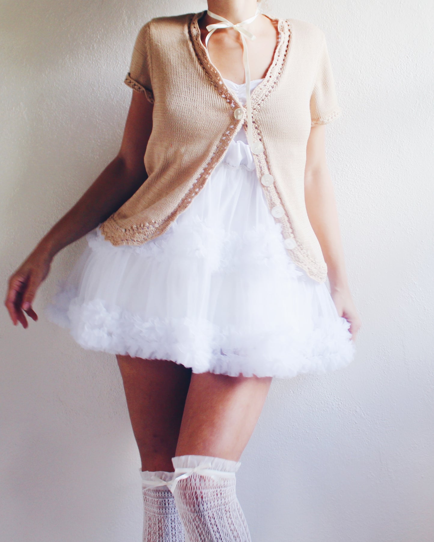 Vintage Short Sleeve Tan Knit Anne Klein Button Up Cardigan - Kawaii Coquette Style | Perfect for Layering