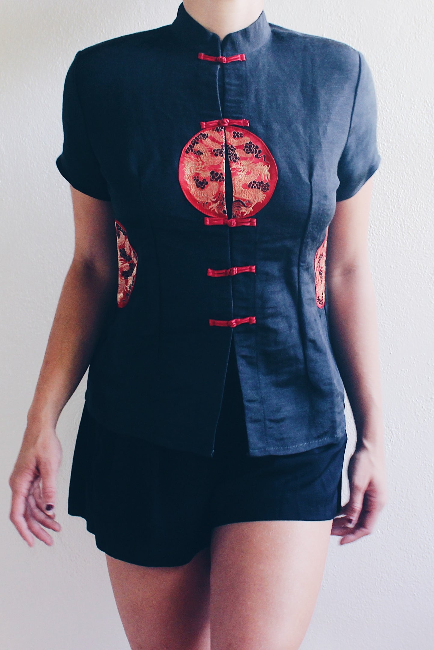 Black Chinese tunic / black red gold dragon shirt / linen silk cheongsam / 90s vintage top