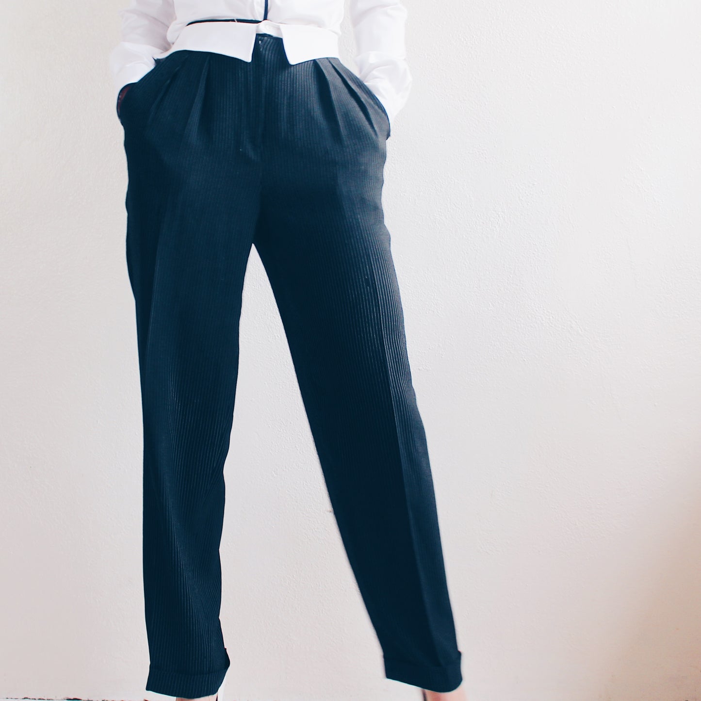 Academic Formal Chic: Vintage Black Pin Striped Collar Waist Pants/ Upcycled 90s Pleated Androgynous Slacks