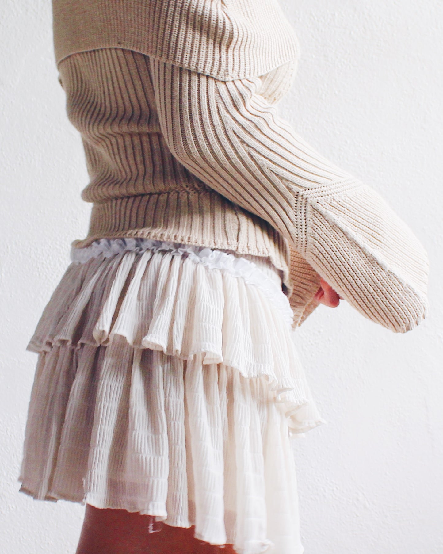 Layered Ruffled Beige Upcycled Mini Skirt - Floral Ruffle Trim | Cute Coquette Boho Style | Perfect for Eco-Friendly Fashion