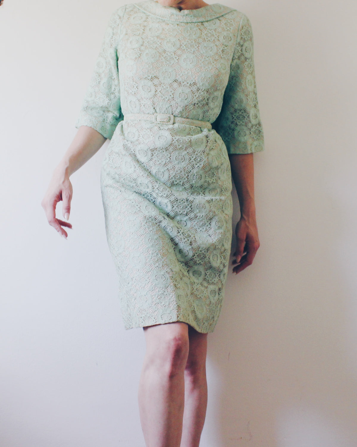 Vintage Blakely Fashions Mint Green Lace Dress S | Handmade 60s Mod Shift Dress with Belt | Retro Coquette Bracelet Sleeve Cocktail