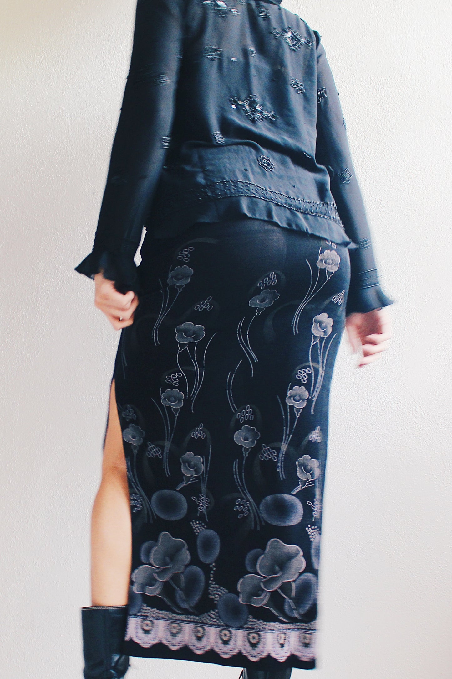 Witchy Black Silk 90s Vibes: Beaded Lettuce Hem Top