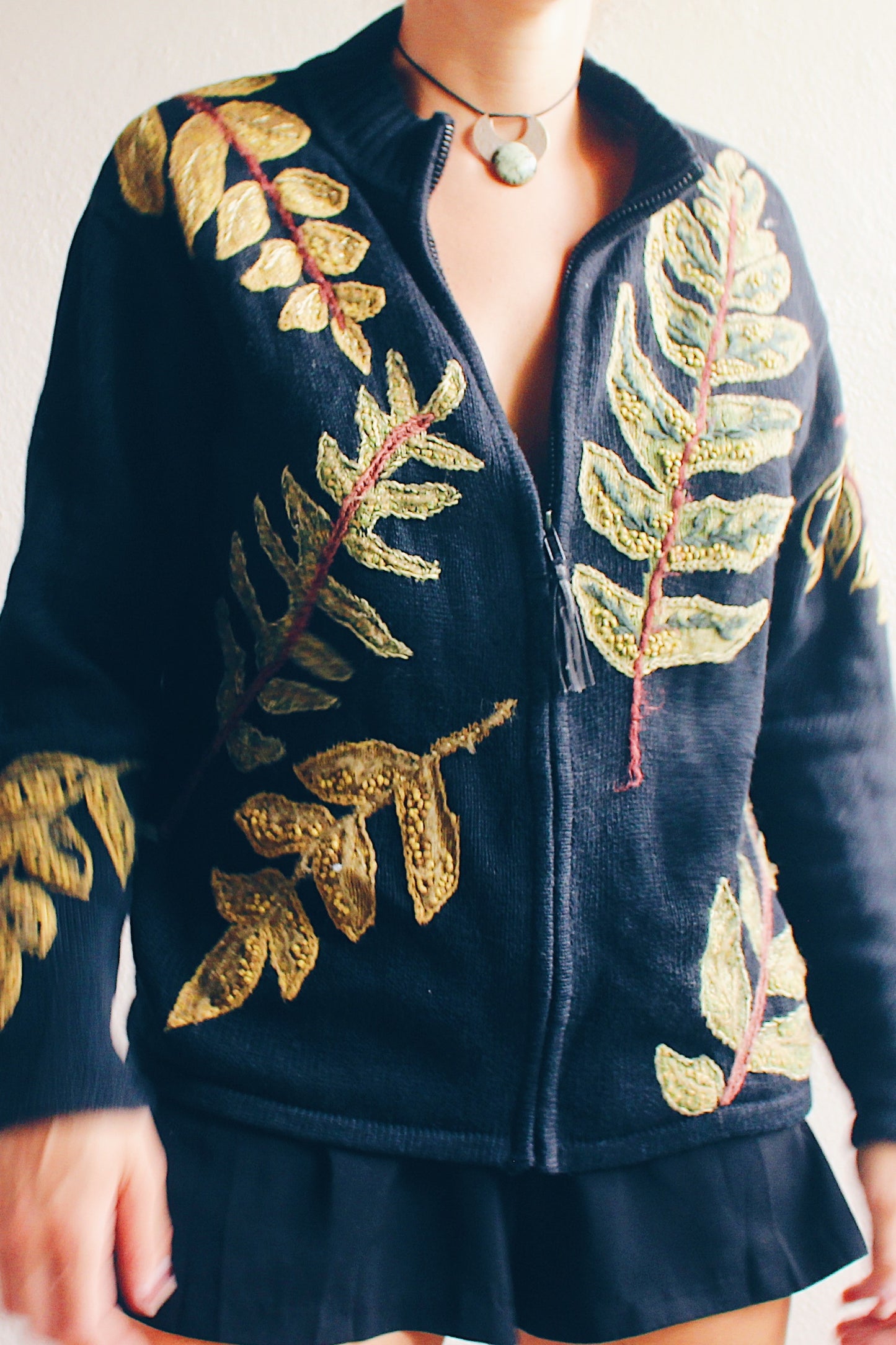 Vintage '90s Whimsigoth Knit Zip-Up Sweater / Goblincore tree branch knit zip up cardigan