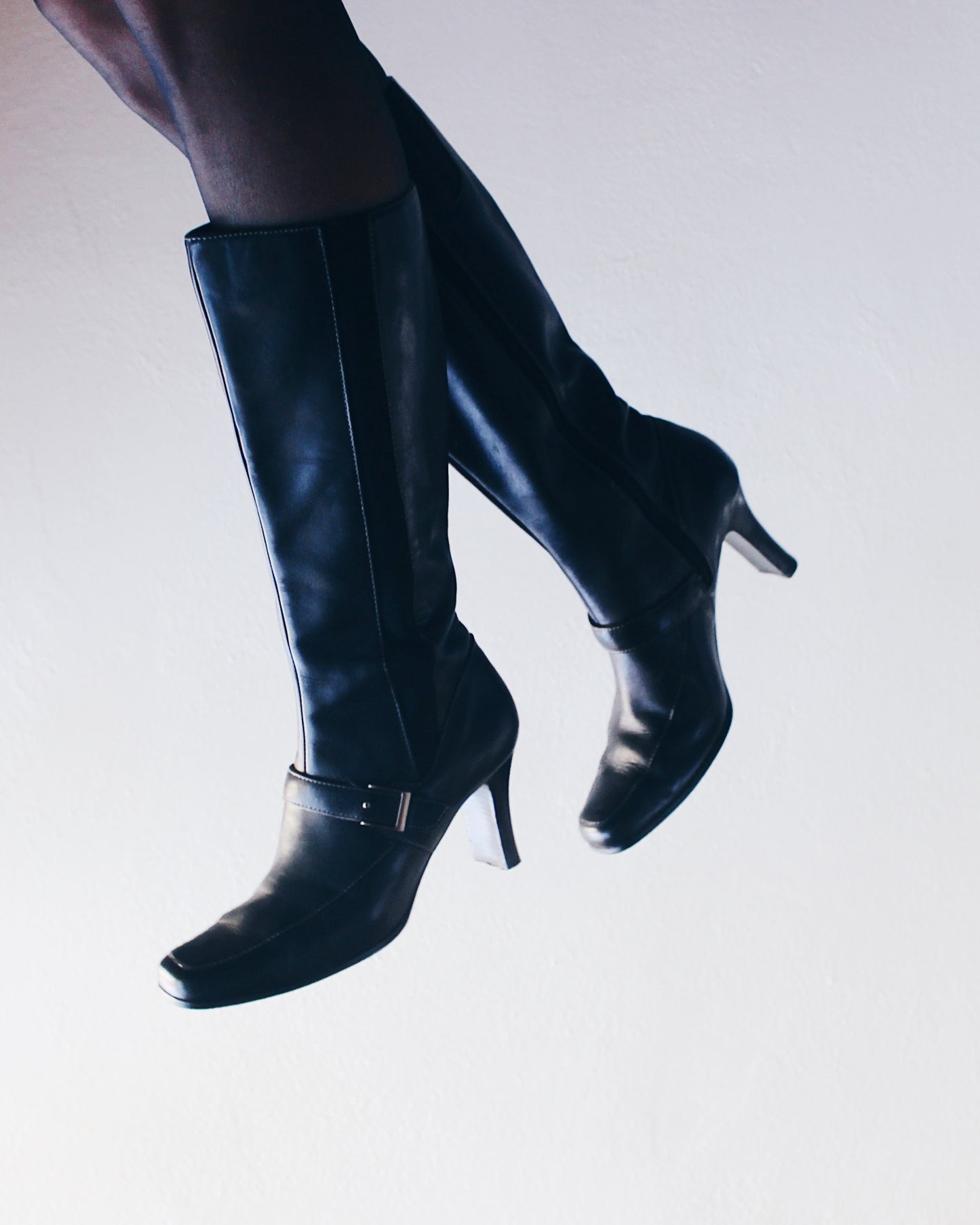 Vintage 90s Worthington Black Leather Talll Boots – 2-Inch Heel, Belt Strap, Elastic Sides | Chic Minimalist Style Librarian Chic