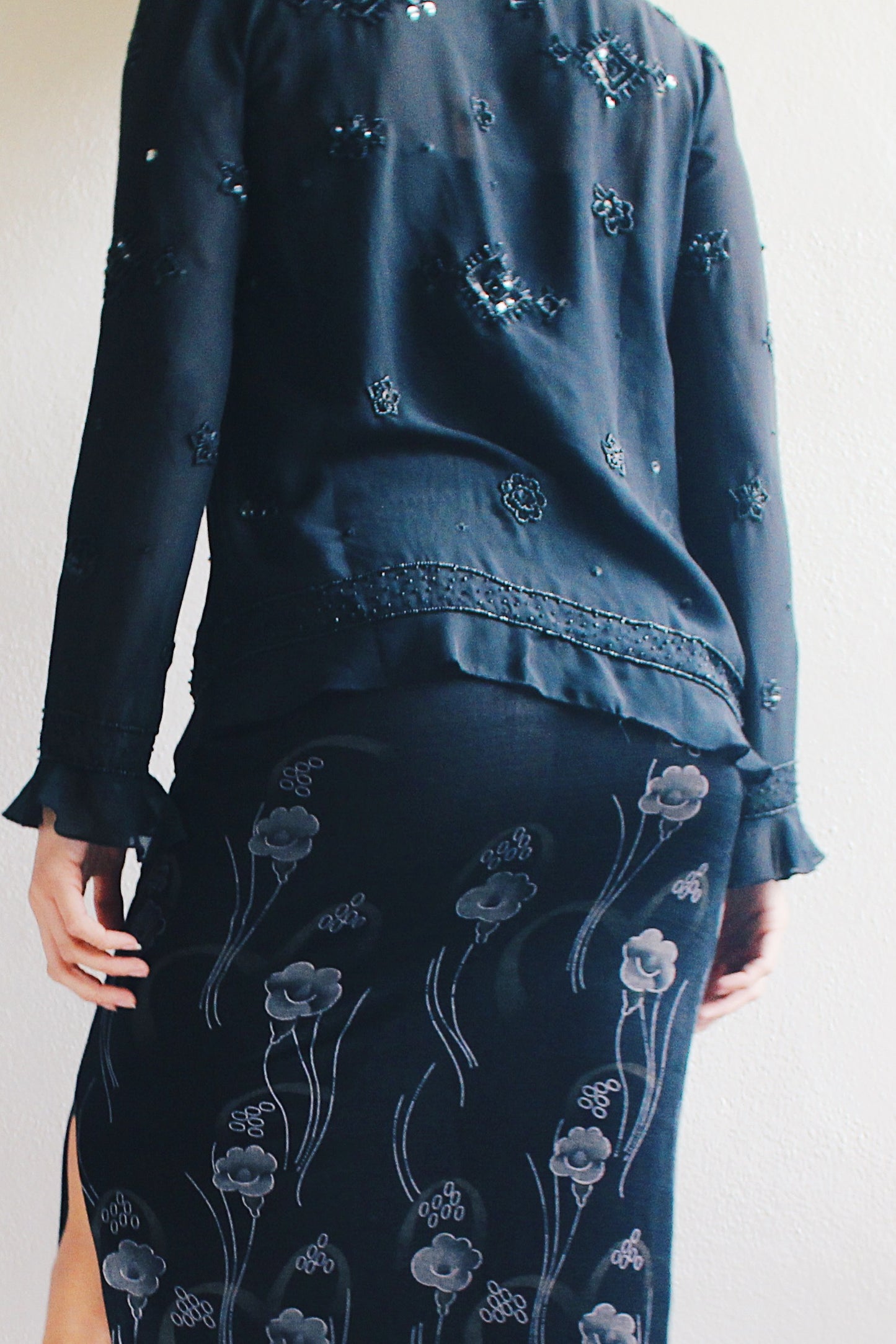 Witchy Black Silk 90s Vibes: Beaded Lettuce Hem Top