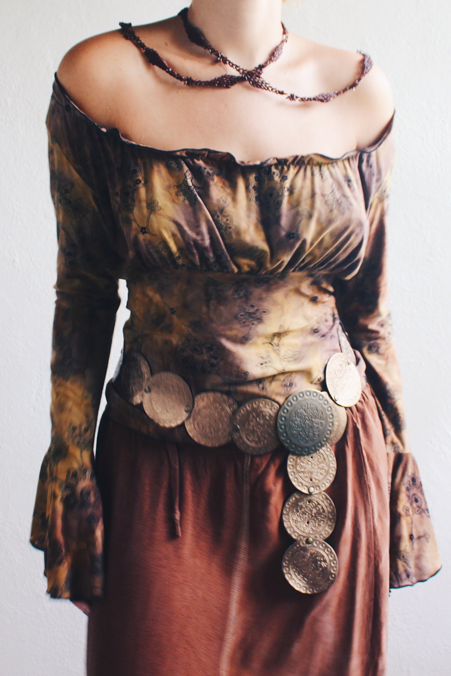 WhimsyGoth Dreams Velvet Print Bell Sleeve Blouse - Dark Elegance Meets Boho Chic!