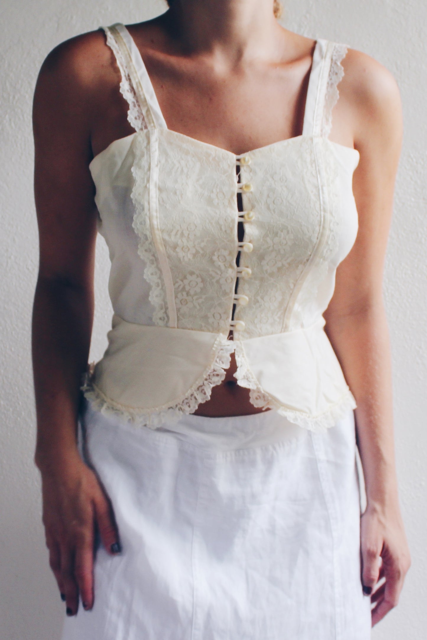 Cream lace tank top / cottage core peplum slip cami / lace Edwardian camisole