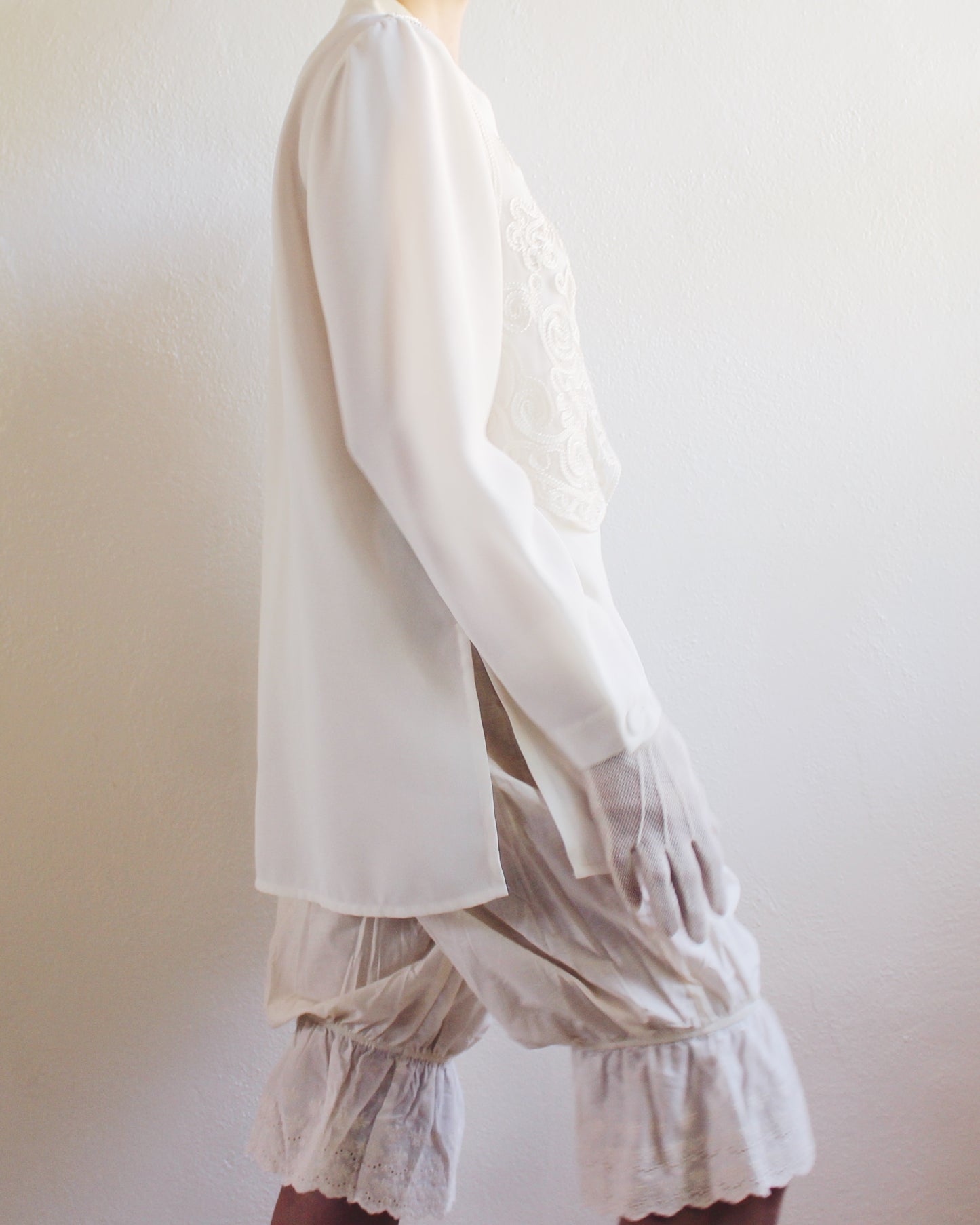 Ivory Vintage Long Sleeve Button Up Blouse with Attached Embroidered Vest - 90s Bohemian Renaissance Style | Cottagecore Fashion
