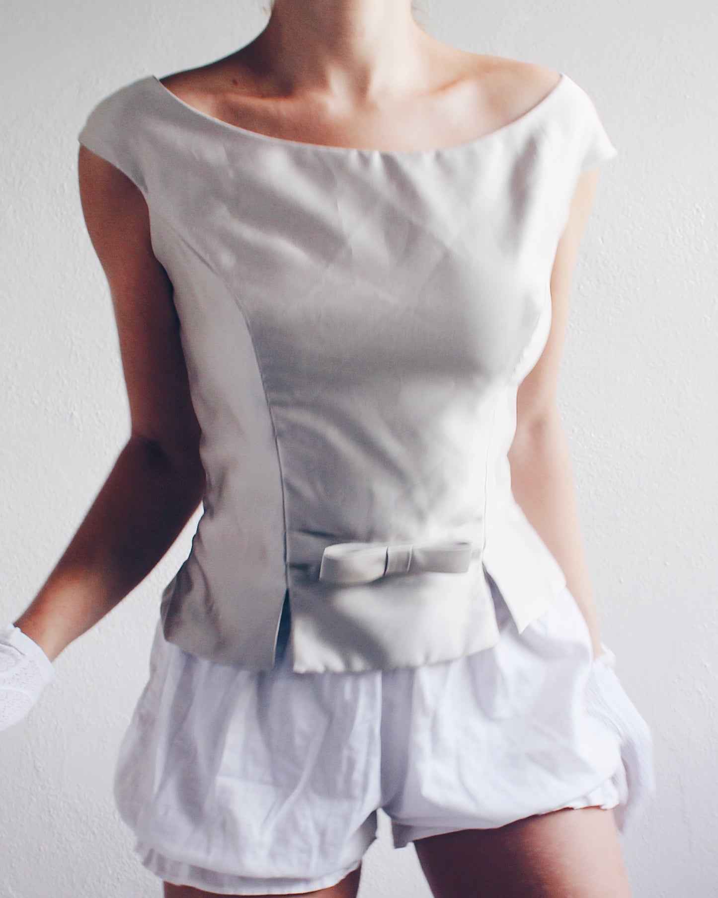 Formal Grey Sleeveless Top with Bow Waist - Coquette Corporate Office Siren Style | Back Button Tank