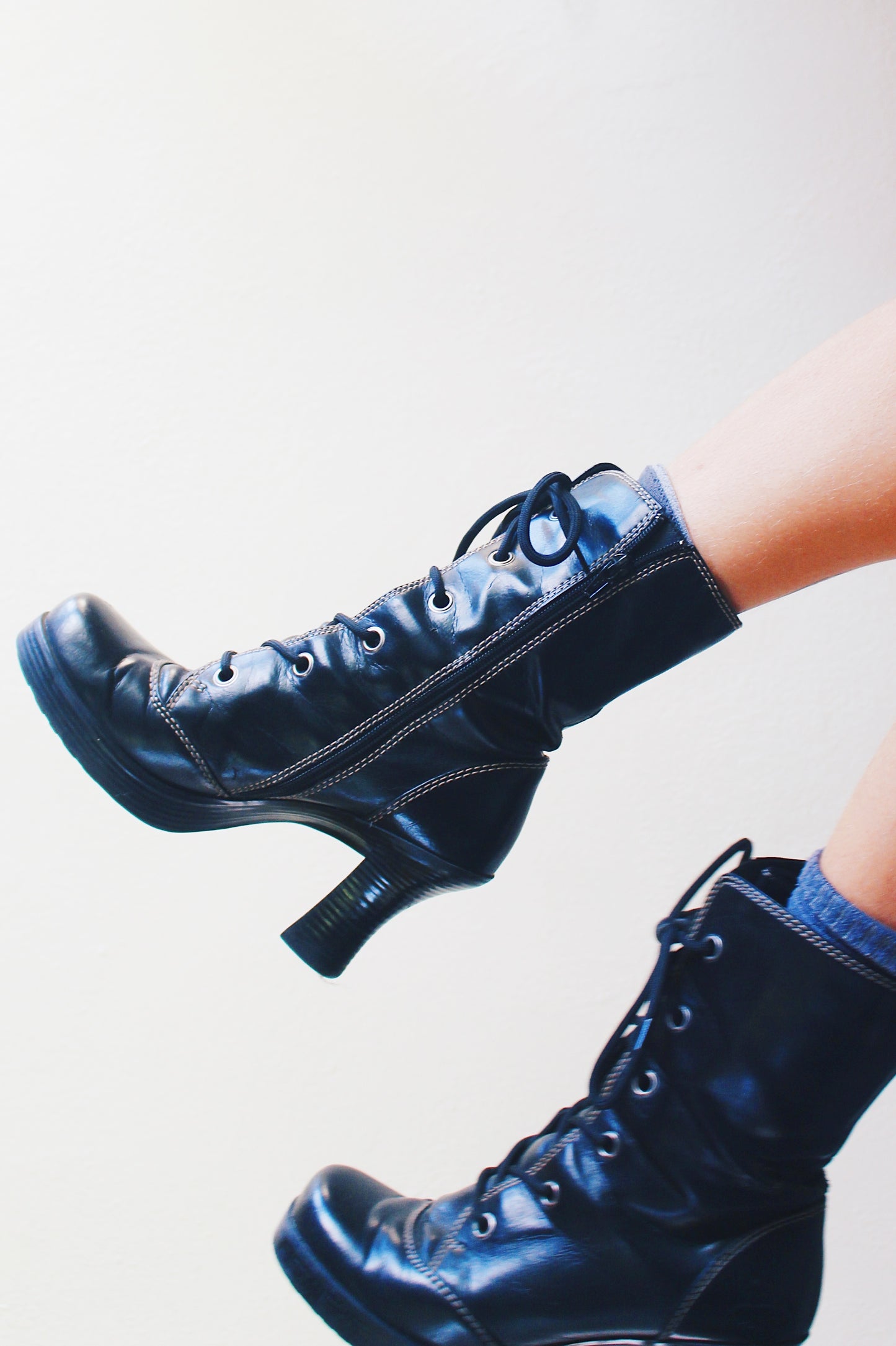 Vintage Black Chunky Lace-Up Heeled Boots - Dark Witchy Victorian Style
