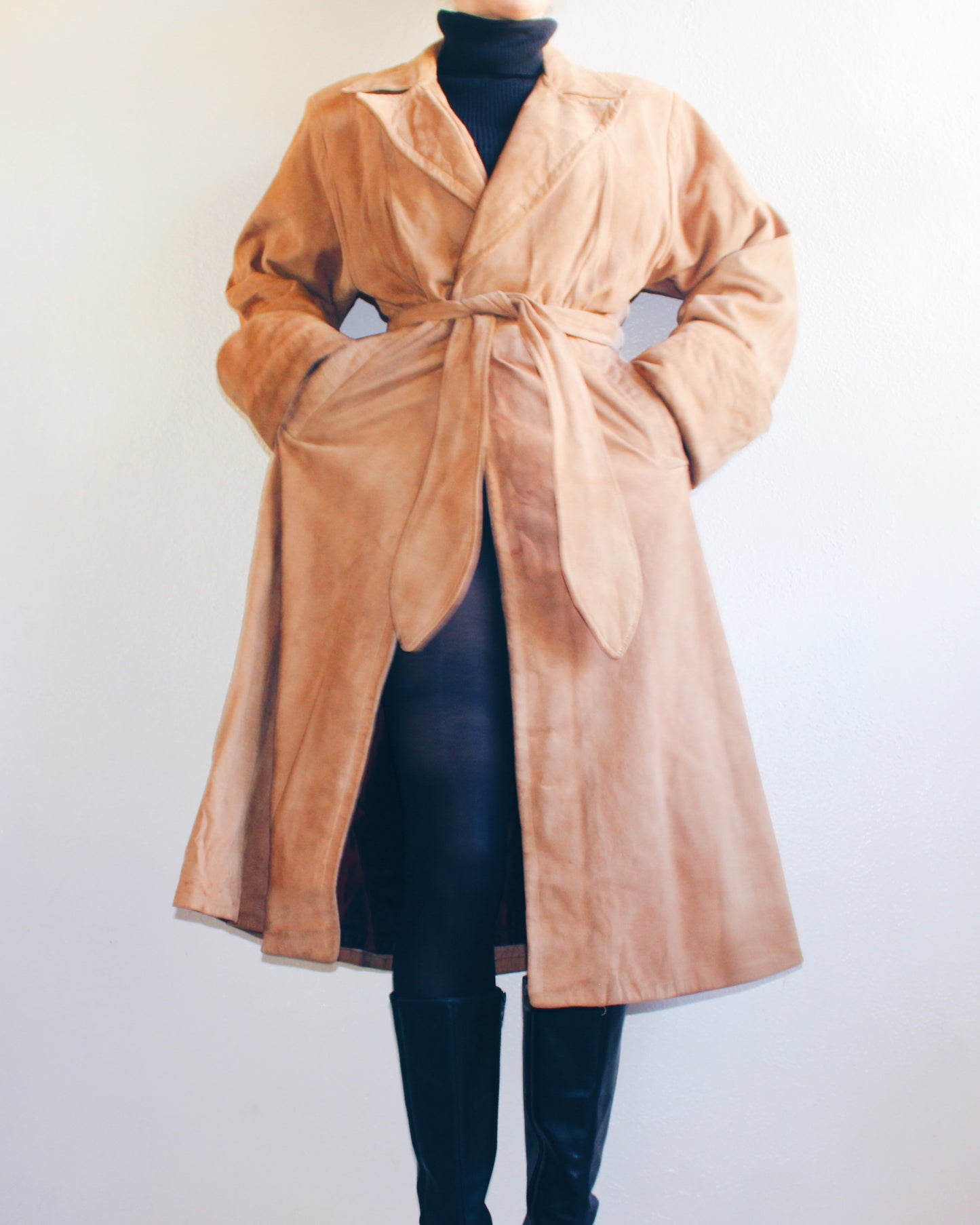 Vintage 70s Brown Suede Trench Coat with Belt – Retro Chic Long Leather Jacket