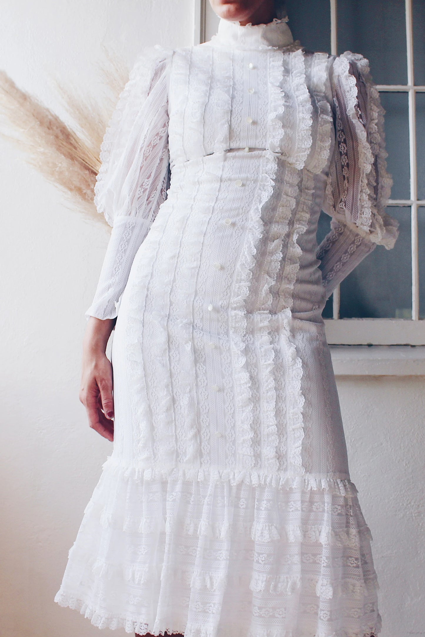 Vintage White Lace High Neck Victorian Midi Dress - Long Sleeve Coquette | American Gothic Prairie Wedding Dress