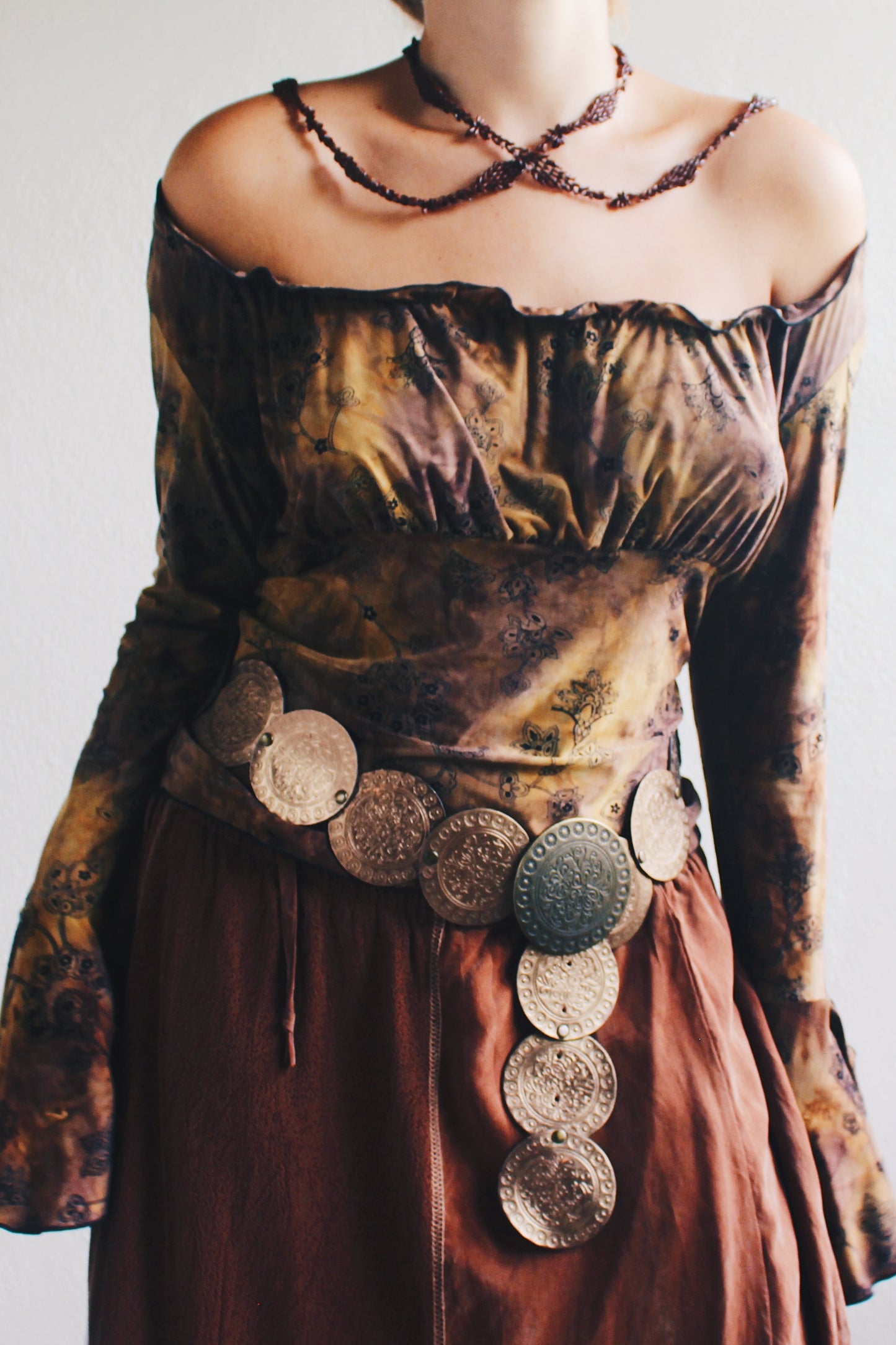 WhimsyGoth Dreams Velvet Print Bell Sleeve Blouse - Dark Elegance Meets Boho Chic!