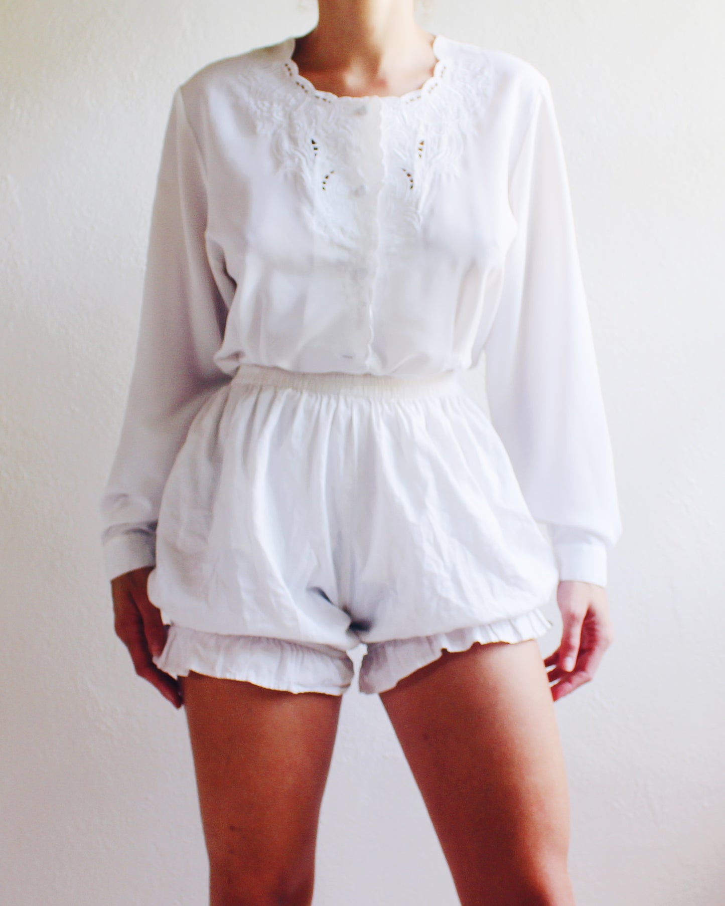 White Vintage Blouse with Pleated Waist and Cut-Out Embroidered neckline - Romantic Cottagecore Coquette Style