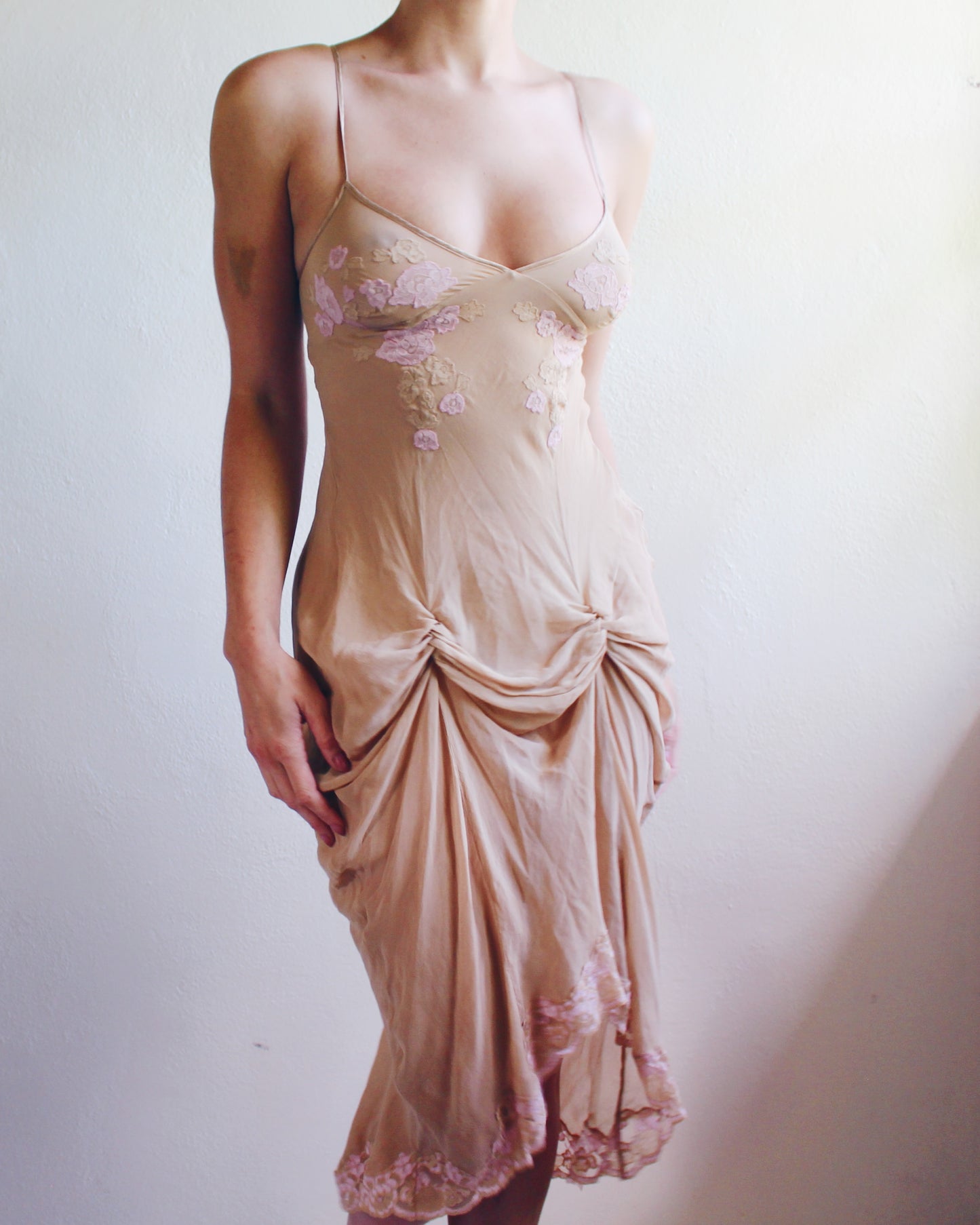 Rare Y2K Victoria’s Secret Silk Slip Dress | Sheer Nude with Pink Lace Roses | Brittany Murphy Uptown Girls | Coquette 2000s Lingerie