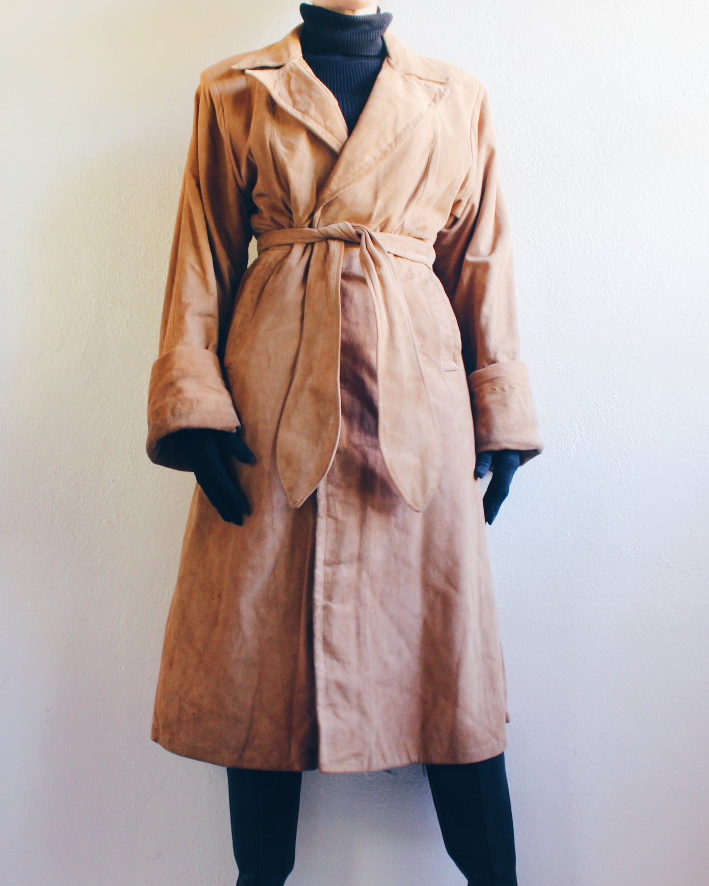 Vintage 70s Brown Suede Trench Coat with Belt – Retro Chic Long Leather Jacket