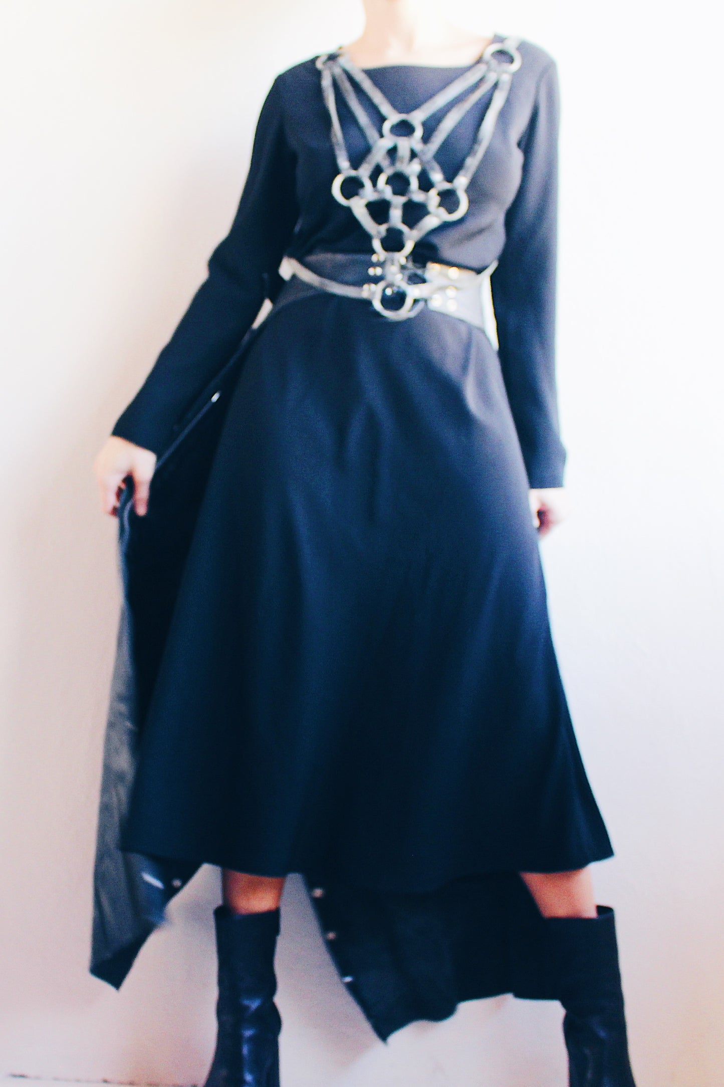 90s Dark Academic Elegance: Minimalist Long Sleeve Black Maxi Dress - Gothic Vintage Glam