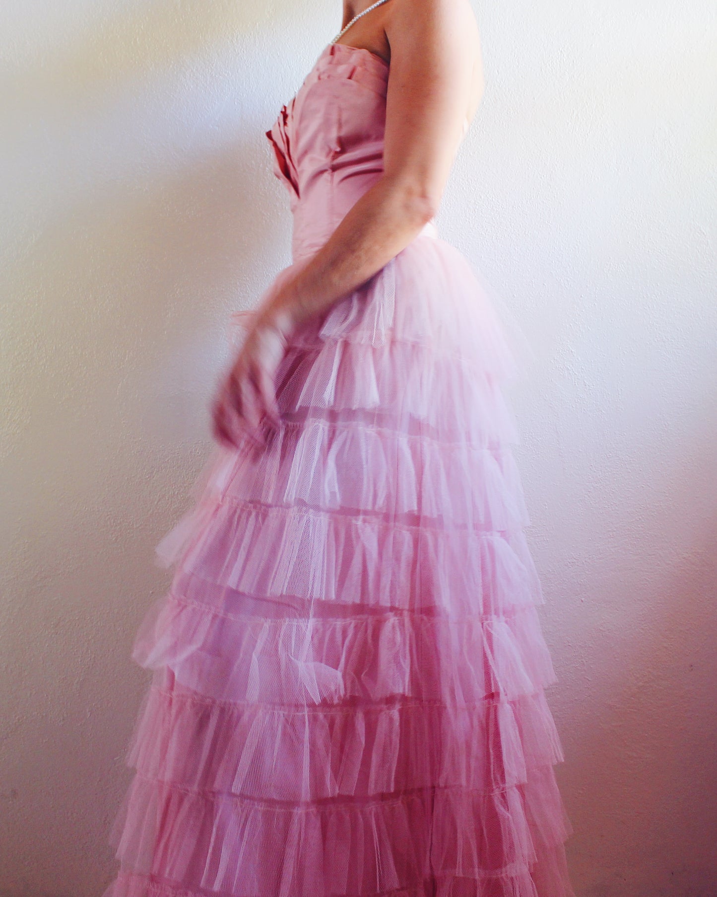 Vintage 1960s Coquette Pink Tiered Tulle Gown – Strapless Bombshell Prom Dress | Ultra-Girlie Princess Statement Piece