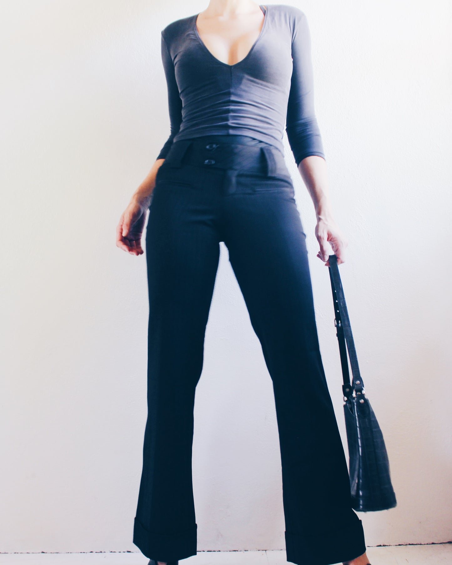 Vintage Y2K Low-Rise Black Pinstripe Bootcut Pants - Office Siren Style