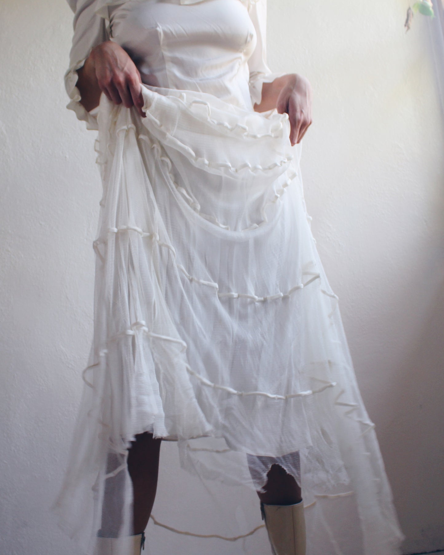 Vintage Handmade Heirloom Wedding Gown – Ethereal Sheer Tiered Dress | Delicate Haunting Bridal Style