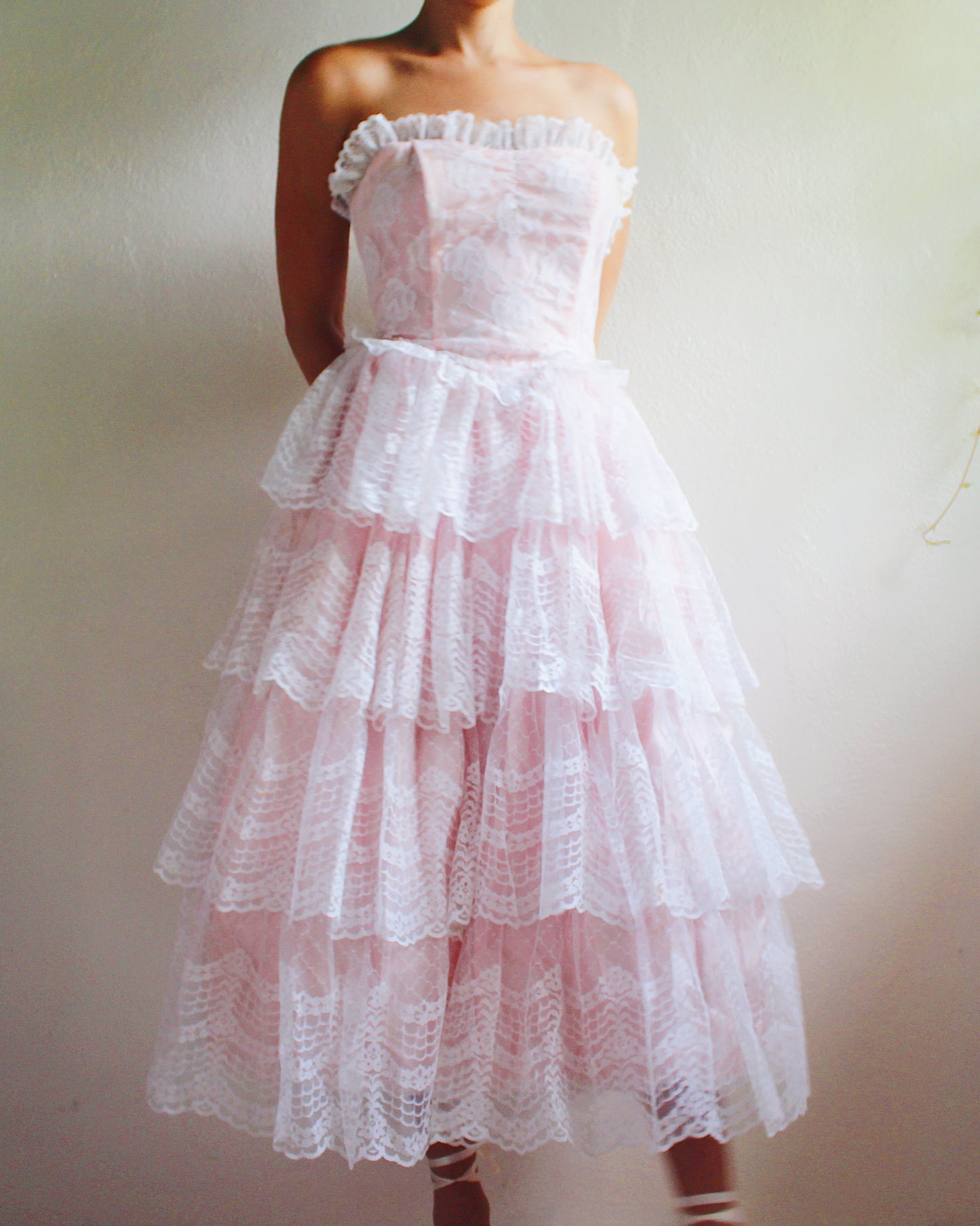 1960s Vintage Pink Lace A-Line Gown - Floral Lace & Tiered Ruffled Skirt | Girly Coquette Retro Style | Priscilla-Inspired Formal Dress