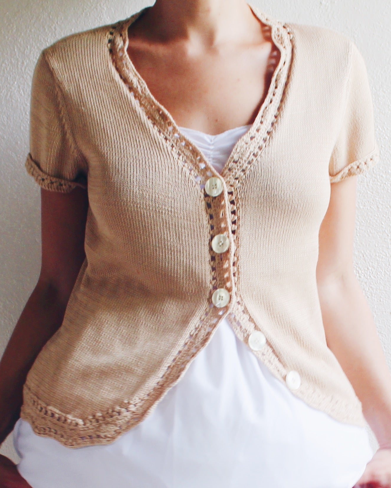 Vintage Short Sleeve Tan Knit Anne Klein Button Up Cardigan - Kawaii Coquette Style | Perfect for Layering