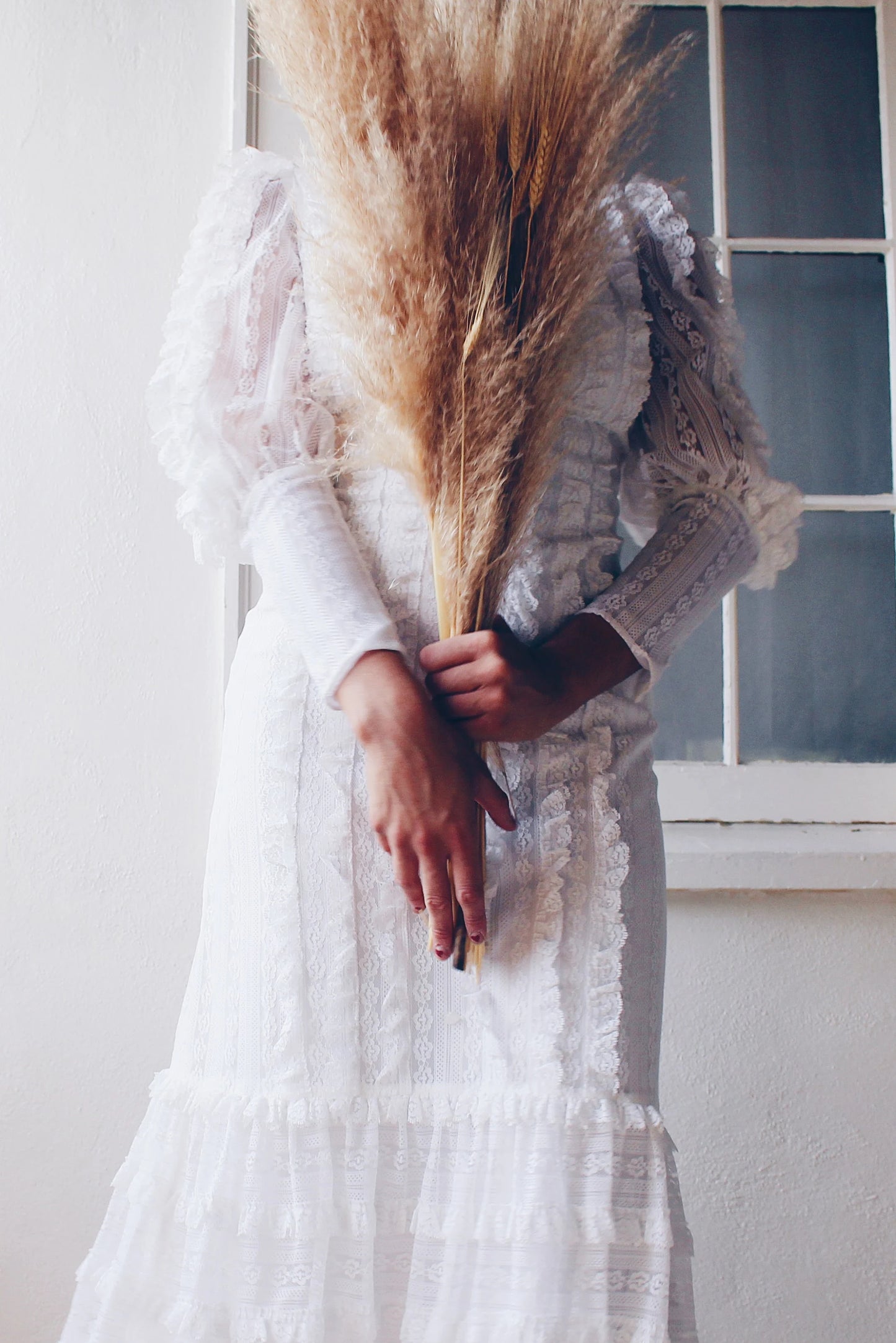 Vintage White Lace High Neck Victorian Midi Dress - Long Sleeve Coquette | American Gothic Prairie Wedding Dress