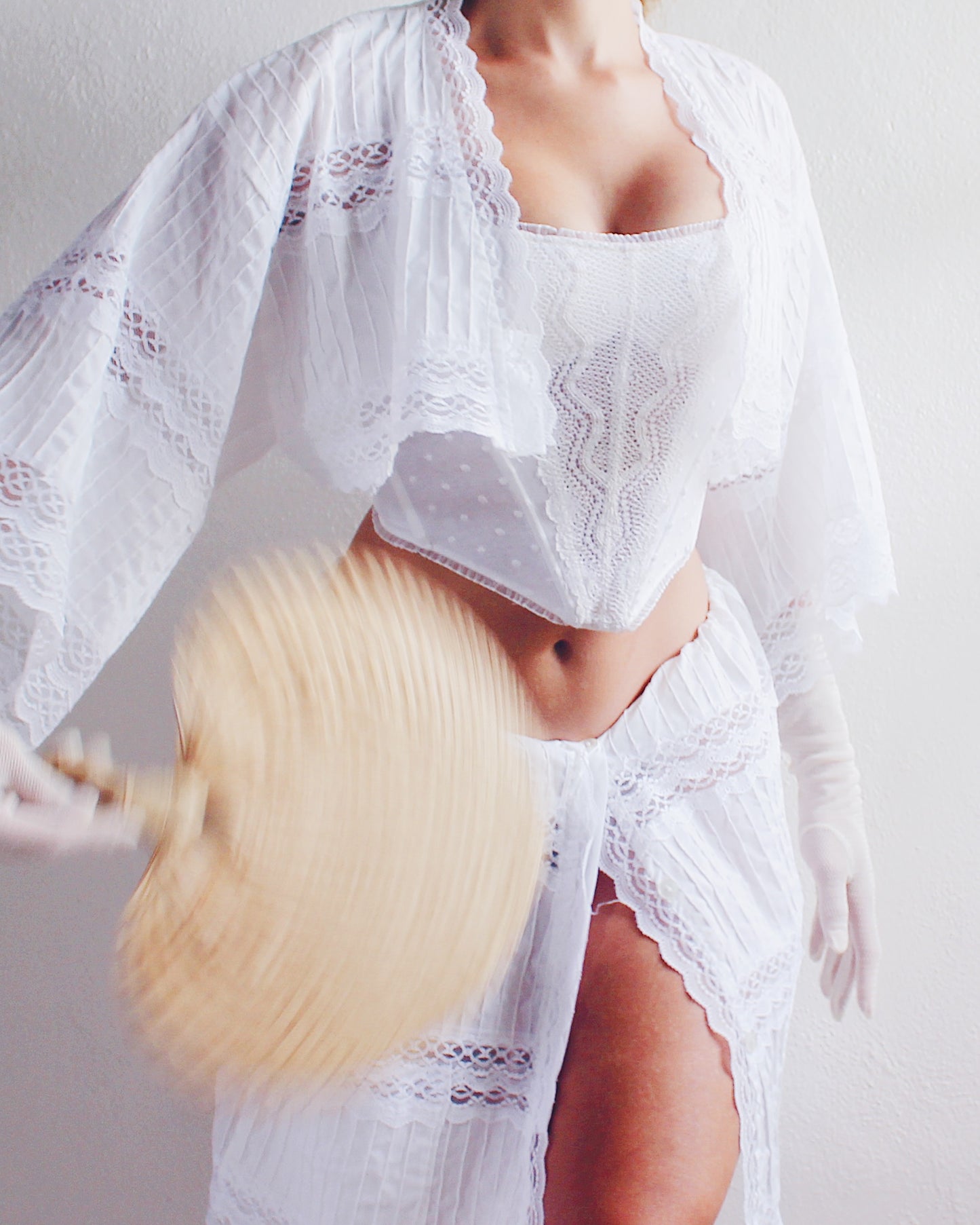Upcycled White Cotton Skirt and Button Up Set with Lace Panels - Tropical Bohemian Style | Sustainable Fashion Made from Recycled Vintage