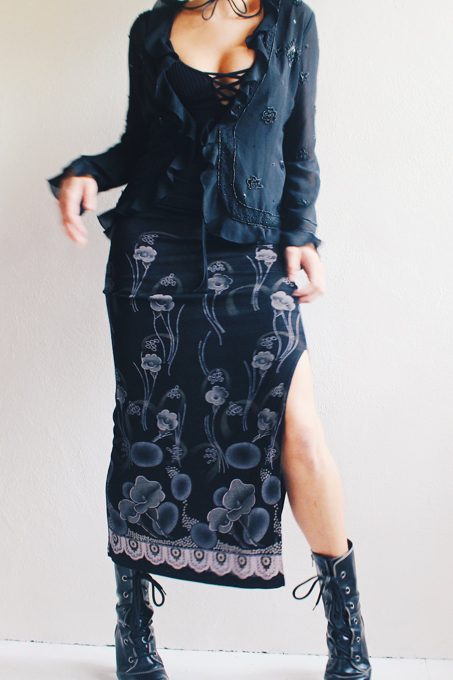 Witchy Black Silk 90s Vibes: Beaded Lettuce Hem Top