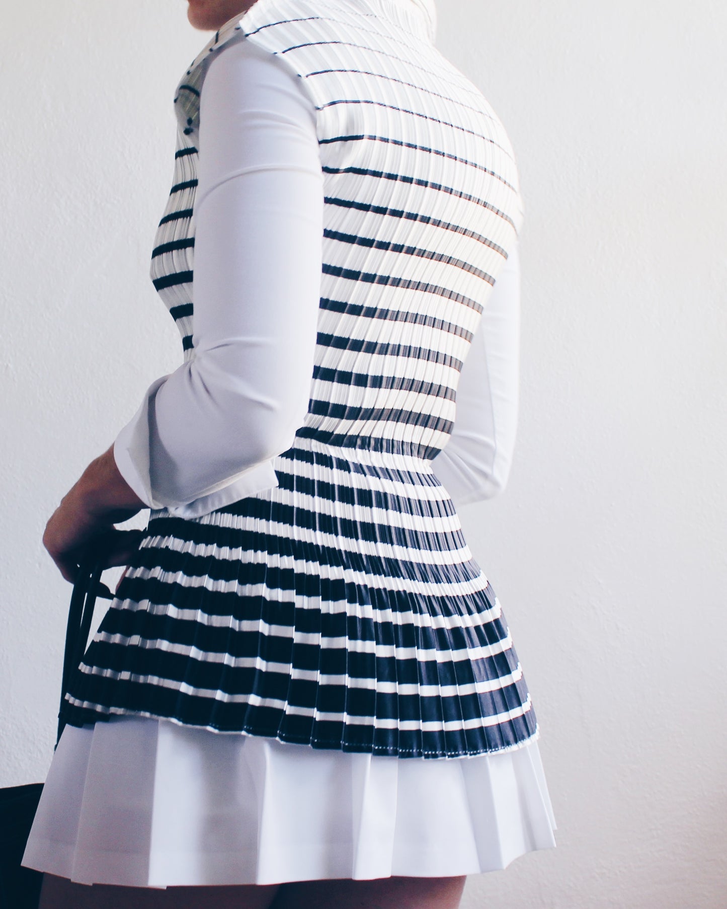 Striped Black and White Pleated Shirt with Collar – Micro Pleats Inspired by Issey Miyake | Chic Office Wear