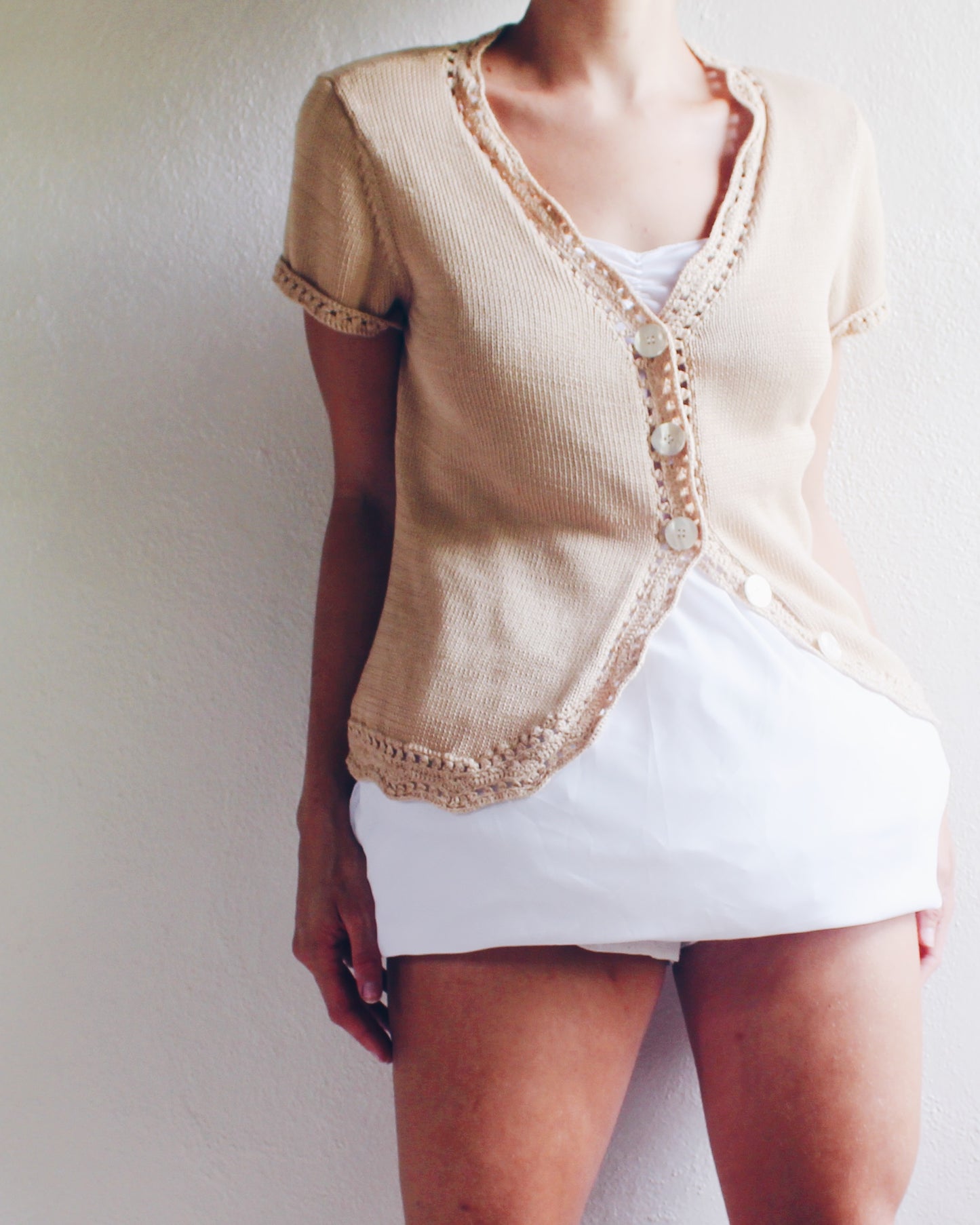 Vintage Short Sleeve Tan Knit Anne Klein Button Up Cardigan - Kawaii Coquette Style | Perfect for Layering