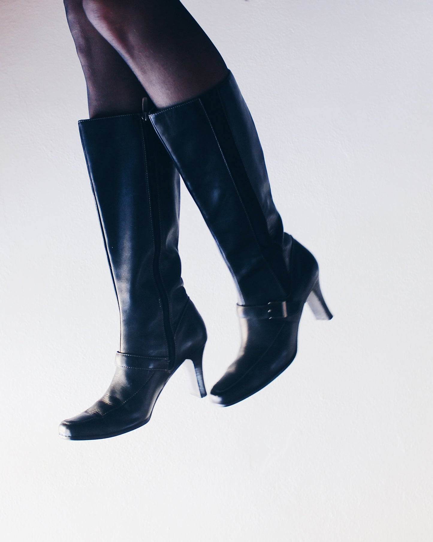 Vintage 90s Worthington Black Leather Talll Boots – 2-Inch Heel, Belt Strap, Elastic Sides | Chic Minimalist Style Librarian Chic