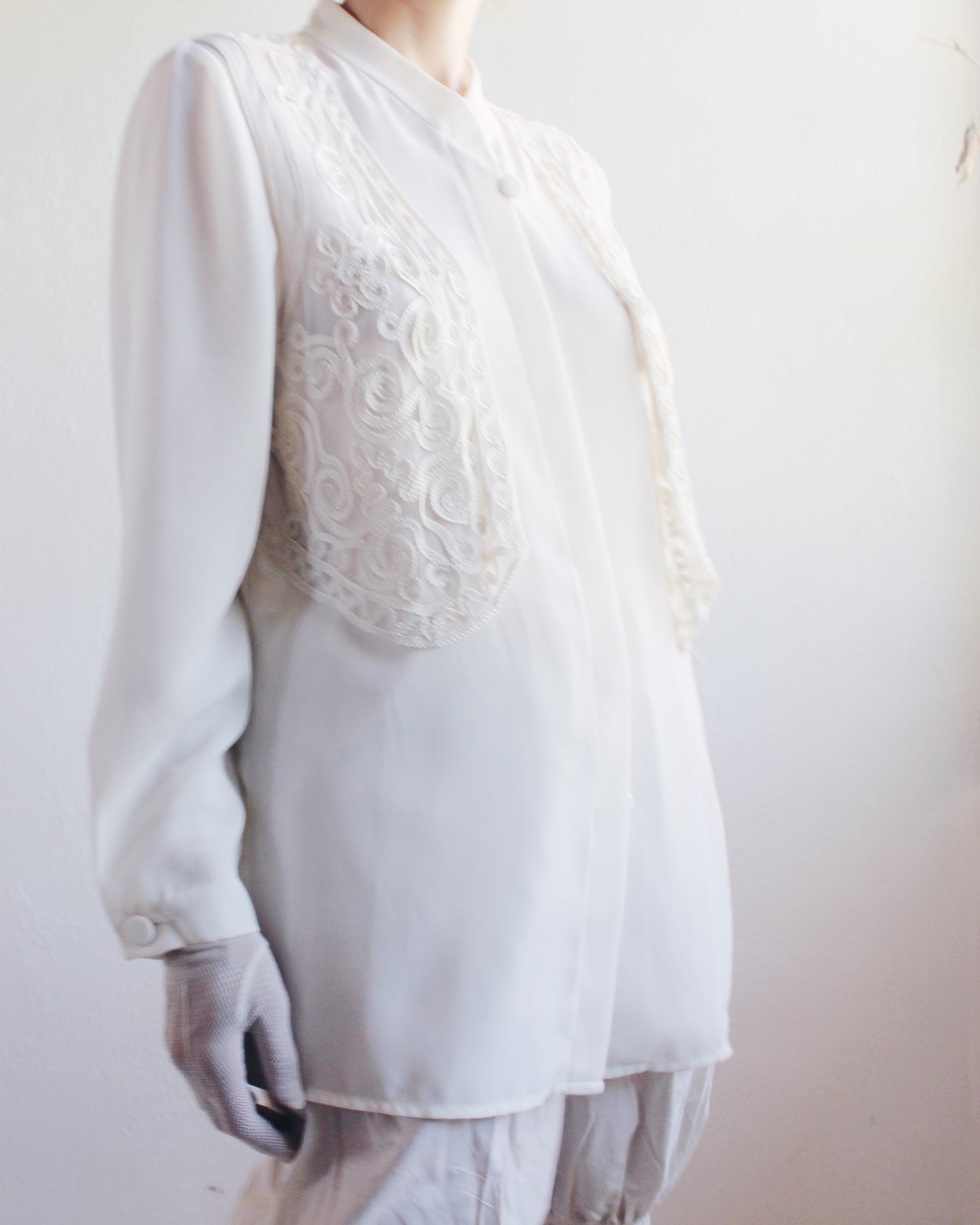 Ivory Vintage Long Sleeve Button Up Blouse with Attached Embroidered Vest - 90s Bohemian Renaissance Style | Cottagecore Fashion