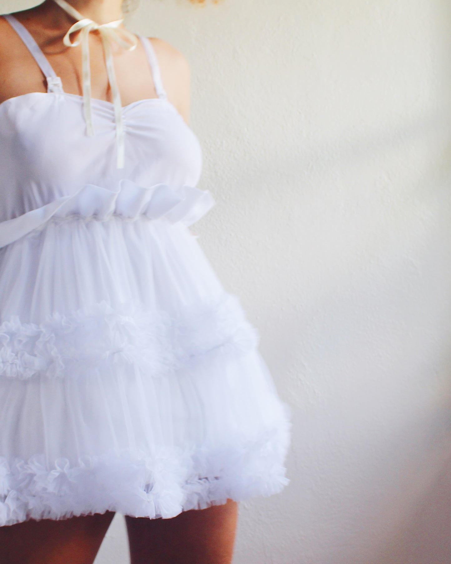 Upcycled White Ruffled Babydoll Dress - Lolita Harajuku Coquette Style | Made from Vintage Slip & Petticoat | Selkie Inspired Design