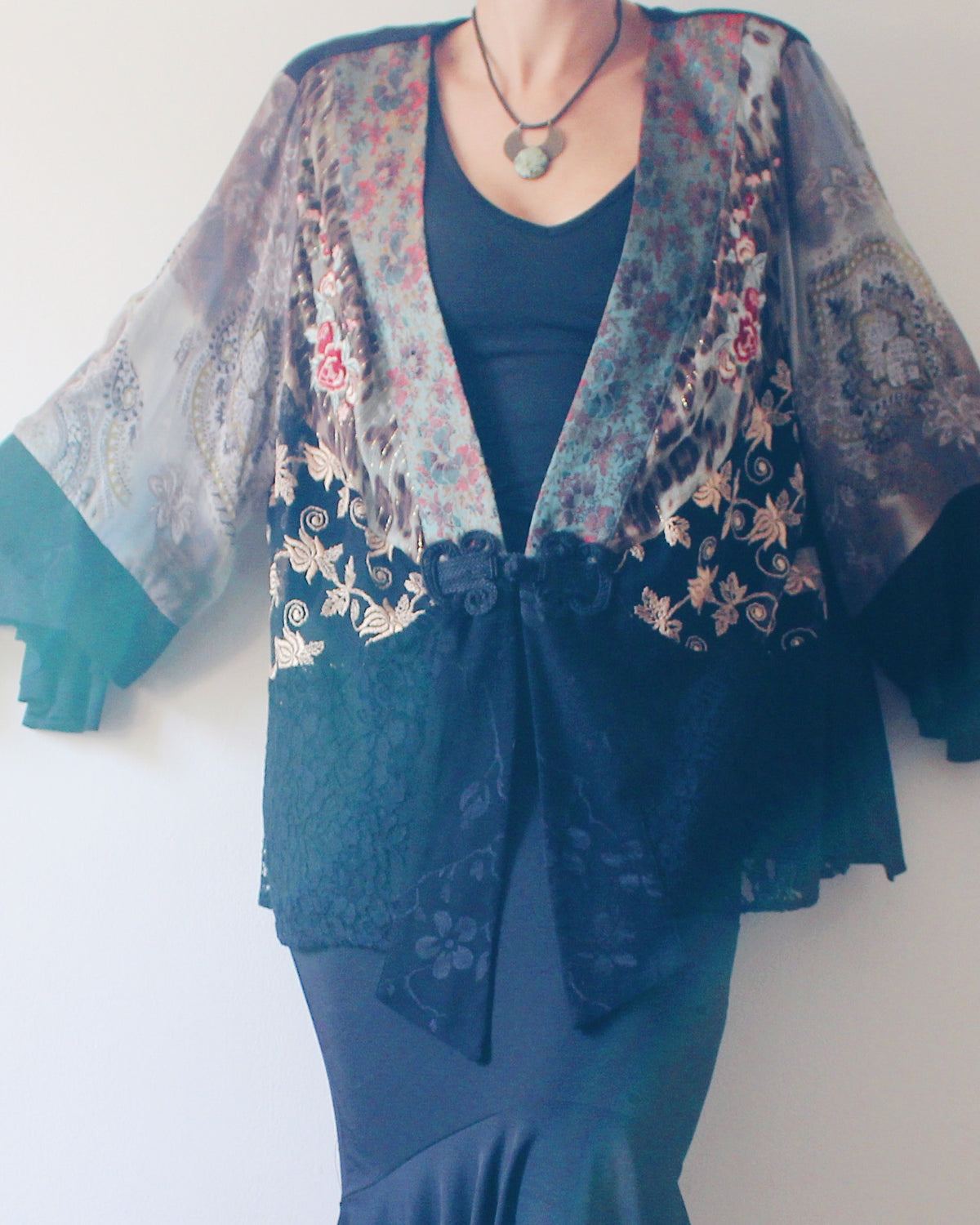 Vintage 90s Spencer Alexis Whimsygoth Patchwork Kimono Sleeve Jacket Robe, East Asian Textile Print, Chinese Frog Button Closure