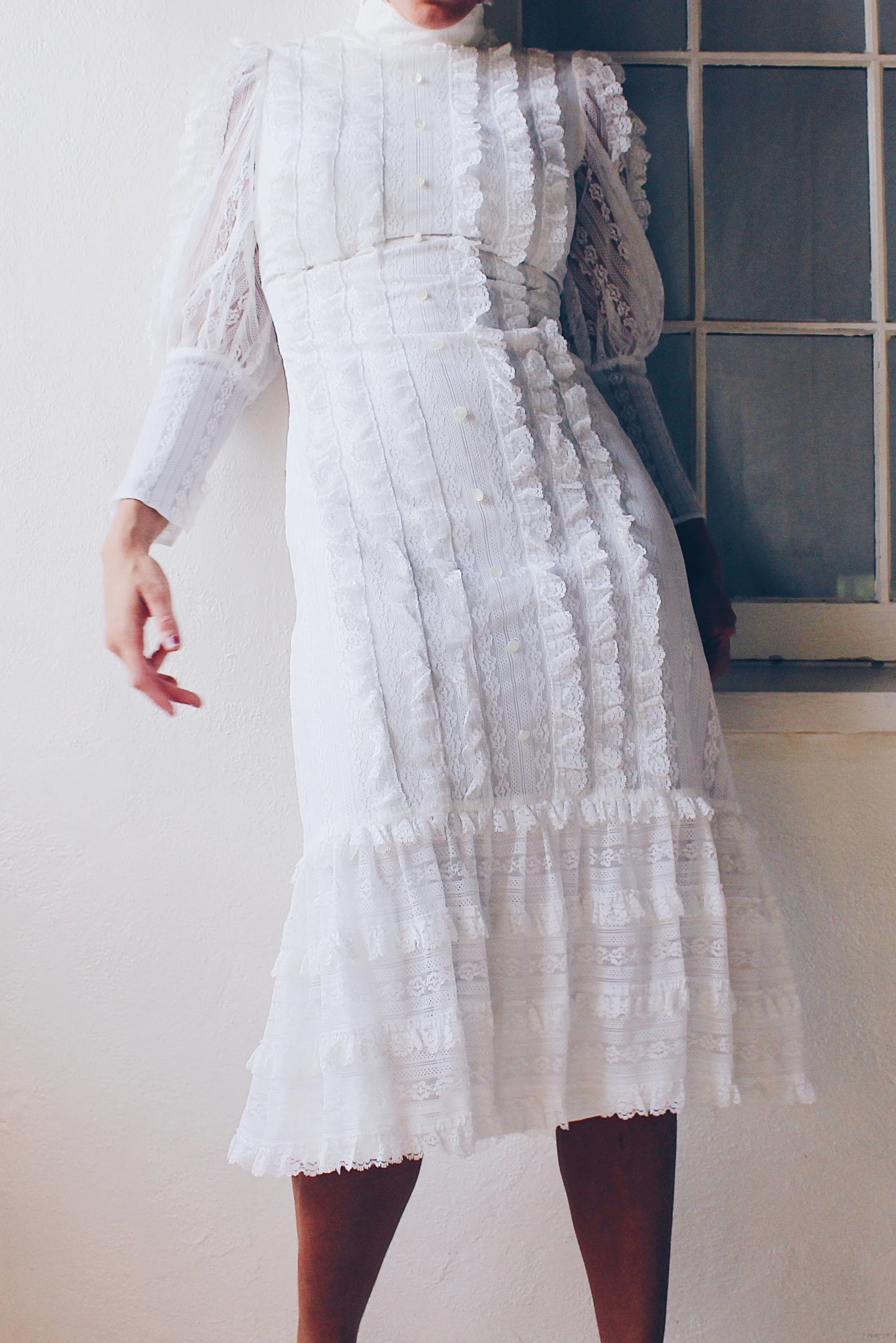 Vintage White Lace High Neck Victorian Midi Dress - Long Sleeve Coquette | American Gothic Prairie Wedding Dress