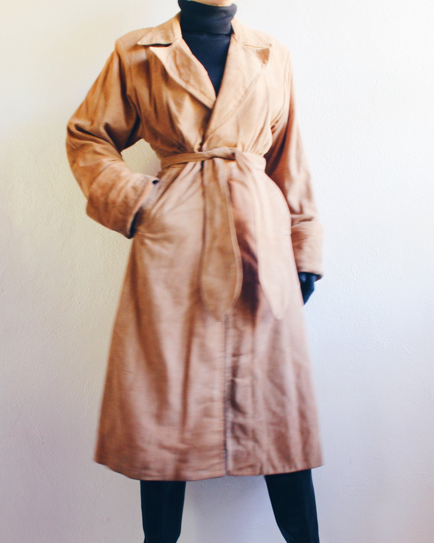 Vintage 70s Brown Suede Trench Coat with Belt – Retro Chic Long Leather Jacket