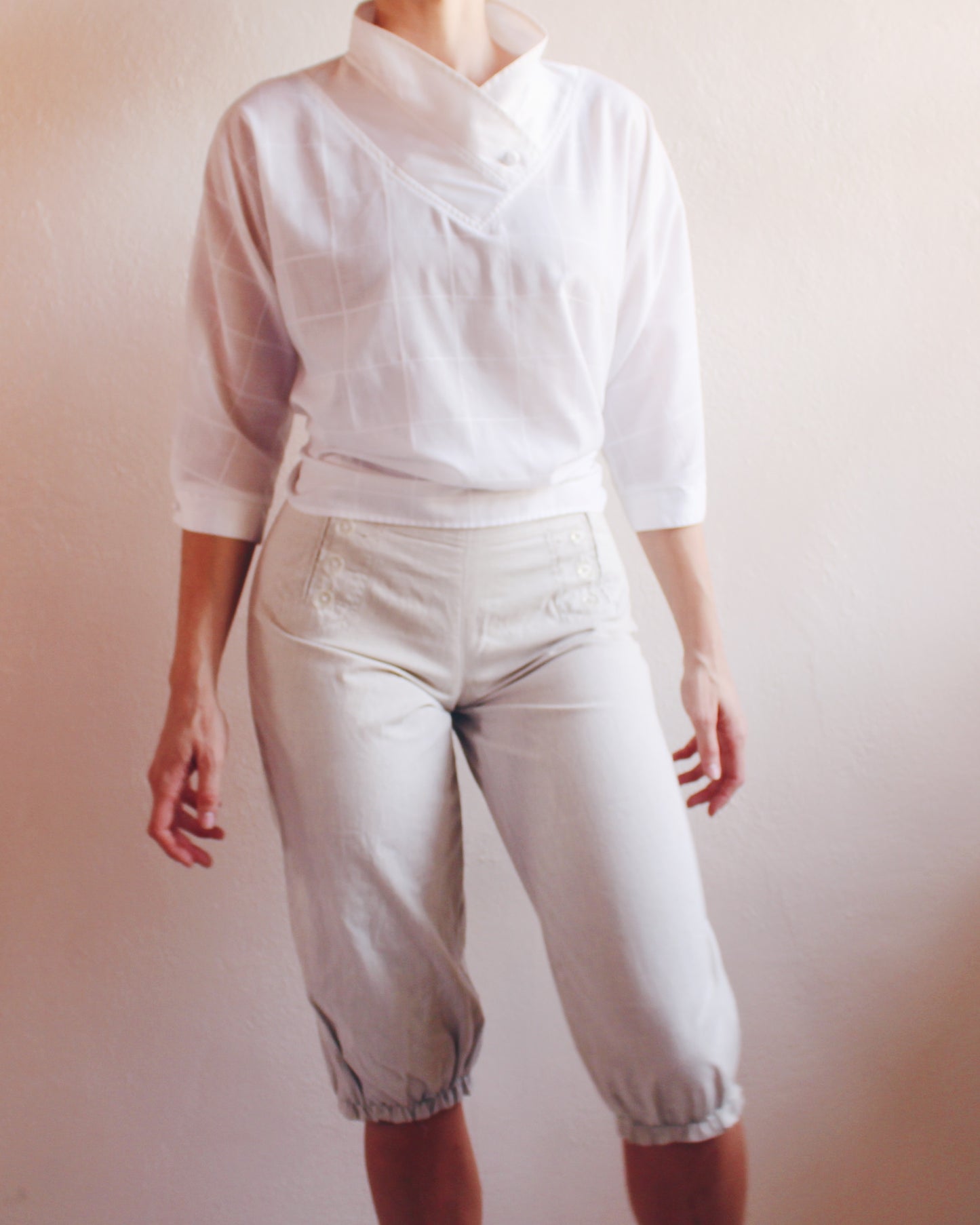 Vintage 1970s Pierre Cardin White Cotton Blouse — Asymmetrical Crossover Collar | Minimalist French Designer Shirt