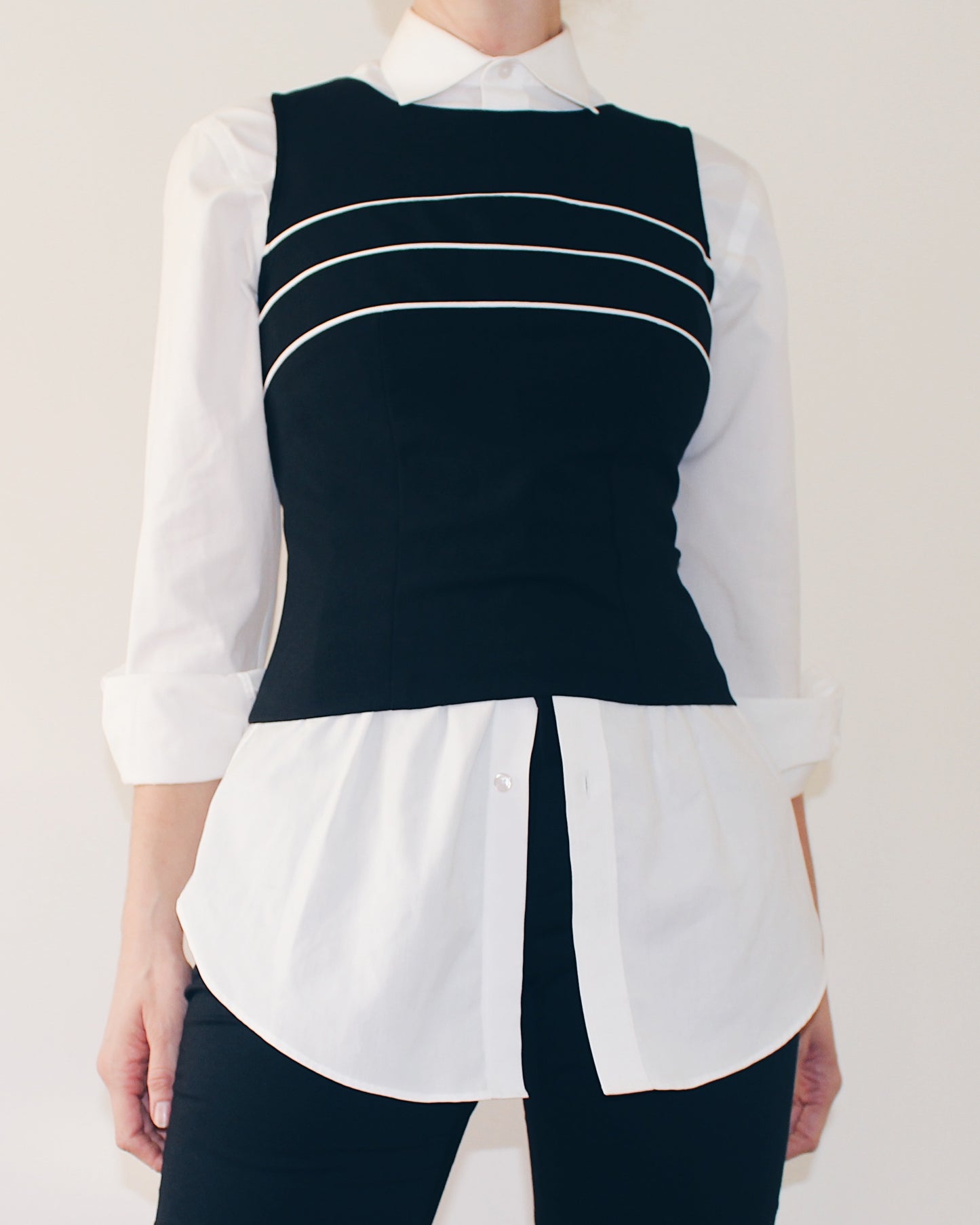 Vintage 90s Minimalist Tank Top | Black Sleeveless Top with White Stripe Detail | Back Zip Workwear Blouse | Chic Retro Layering Piece